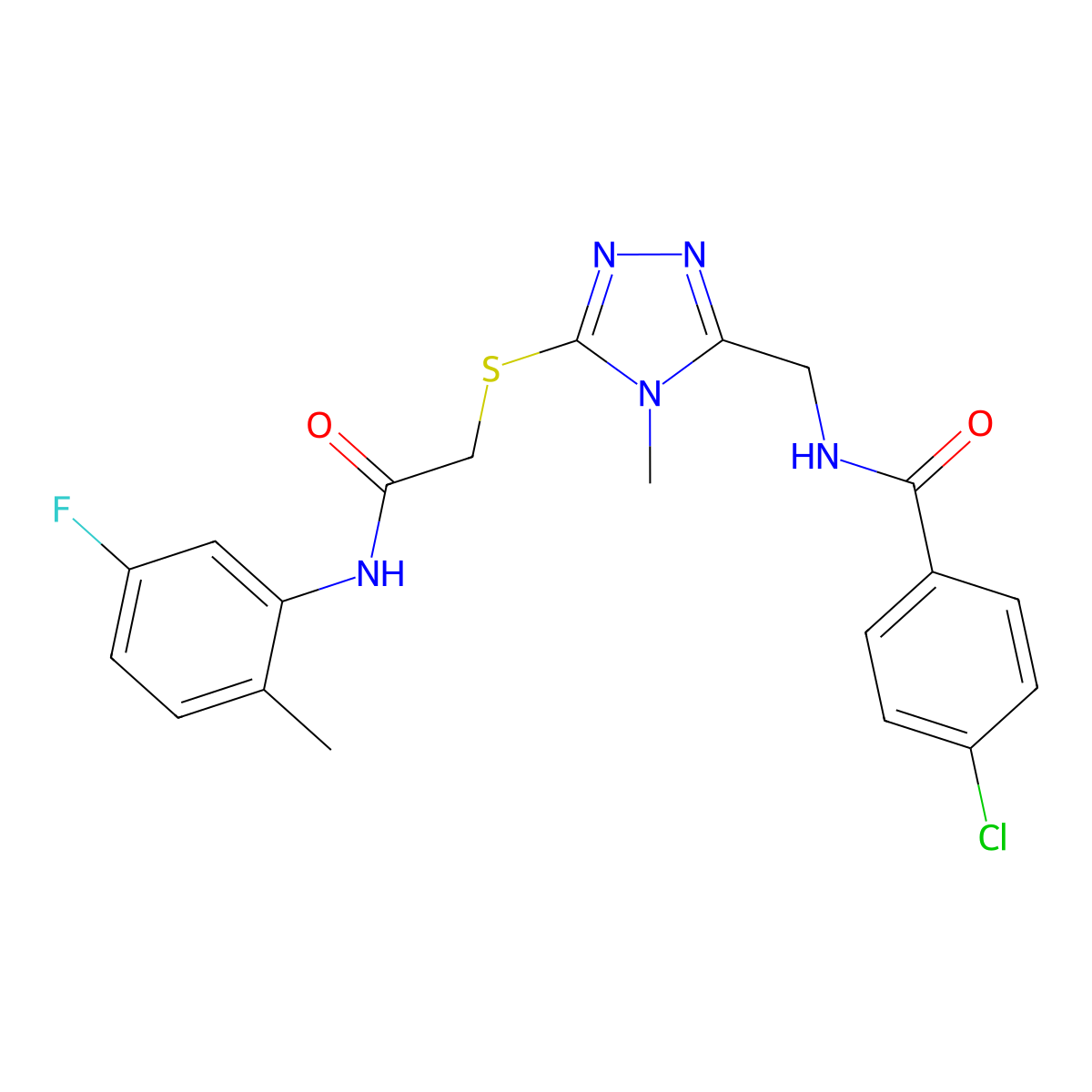 4-chloro-N-[[5-[2-(5-fluoro-2-methylanilino)-2-oxoethyl]sulfanyl-4-methyl-1,2,4-triazol-3-yl]methyl]benzamide molecular structure, CAS 694504-75-1