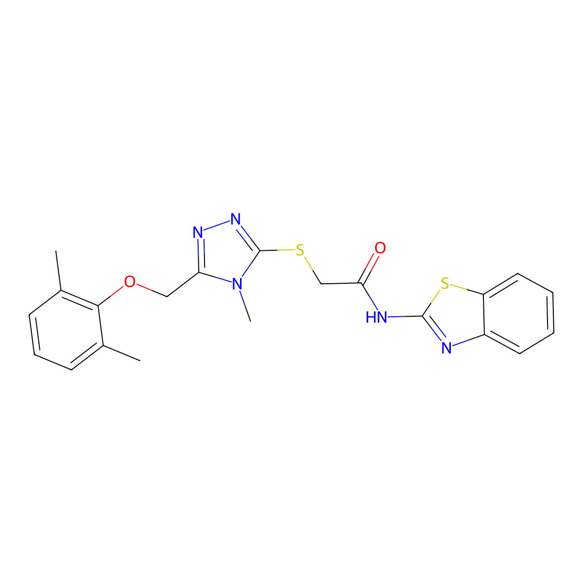 N-(1,3-benzothiazol-2-yl)-2-[[5-[(2,6-dimethylphenoxy)methyl]-4-methyl-1,2,4-triazol-3-yl]sulfanyl]acetamide molecular structure, CAS 694504-92-2
