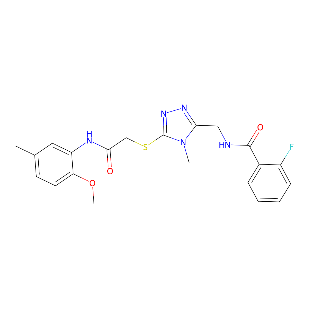 2-fluoro-N-[[5-[2-(2-methoxy-5-methylanilino)-2-oxoethyl]sulfanyl-4-methyl-1,2,4-triazol-3-yl]methyl]benzamide molecular structure, CAS 694505-52-7