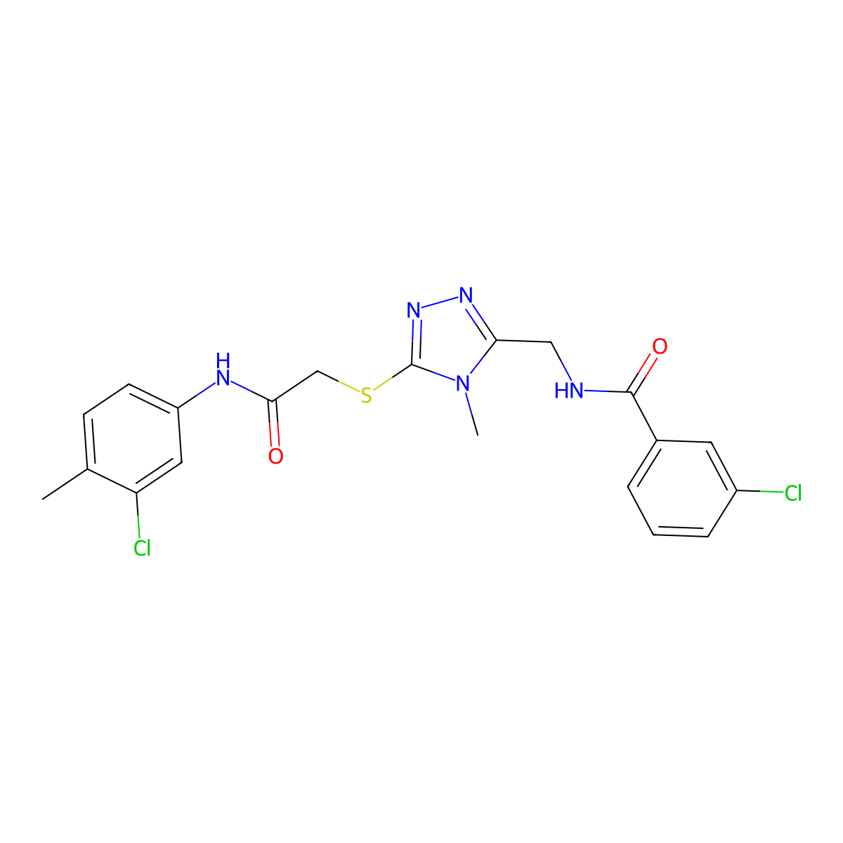 3-chloro-N-[[5-[2-(3-chloro-4-methylanilino)-2-oxoethyl]sulfanyl-4-methyl-1,2,4-triazol-3-yl]methyl]benzamide molecular structure, CAS 694505-94-7