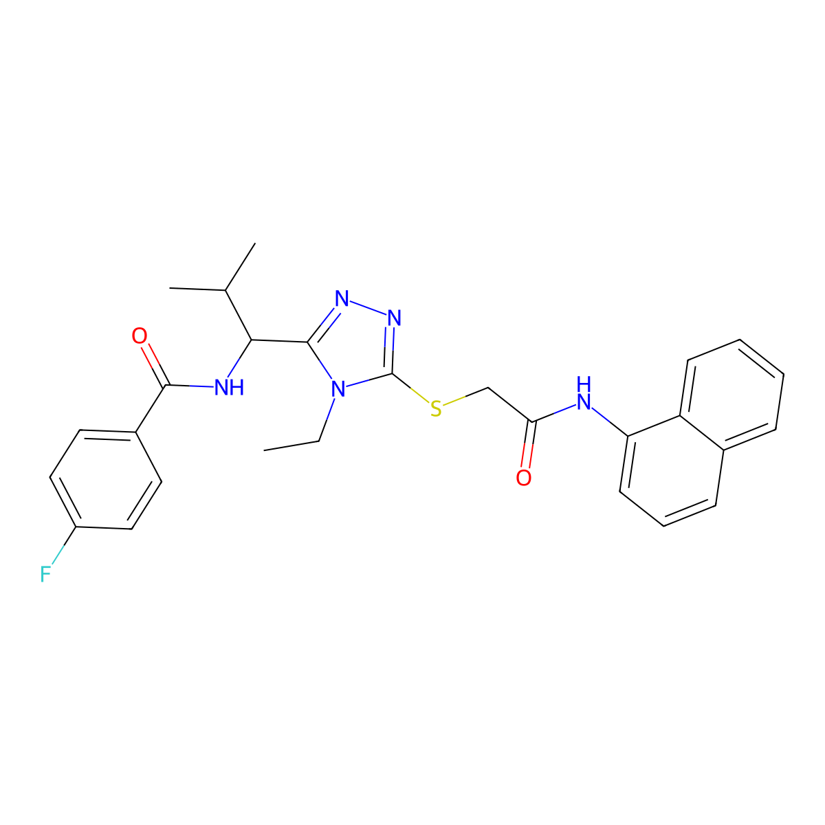 N-[1-(4-ethyl-5-{[2-(naphthalen-1-ylamino)-2-oxoethyl]sulfanyl}-4H-1,2,4-triazol-3-yl)-2-methylpropyl]-4-fluorobenzamide molecular structure, CAS 694505-95-8