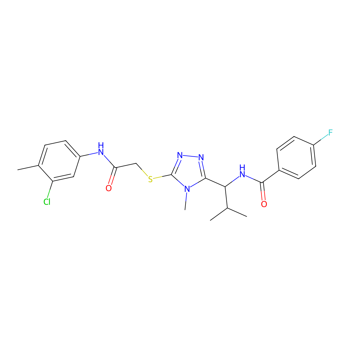 N-{1-[5-({2-[(3-chloro-4-methylphenyl)amino]-2-oxoethyl}sulfanyl)-4-methyl-4H-1,2,4-triazol-3-yl]-2-methylpropyl}-4-fluorobenzamide molecular structure, CAS 694506-25-7