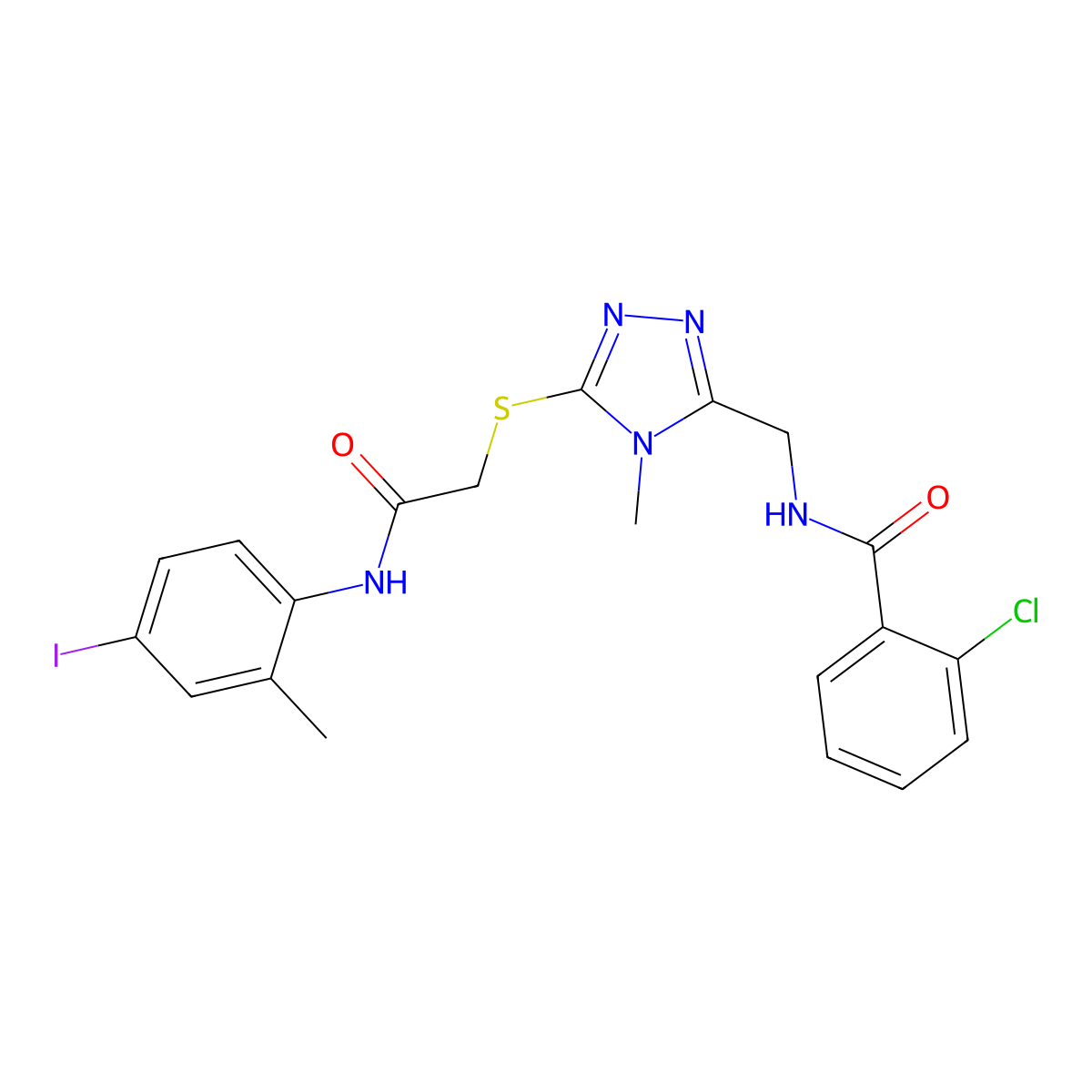 2-chloro-N-[[5-[2-(4-iodo-2-methylanilino)-2-oxoethyl]sulfanyl-4-methyl-1,2,4-triazol-3-yl]methyl]benzamide molecular structure, CAS 694506-43-9