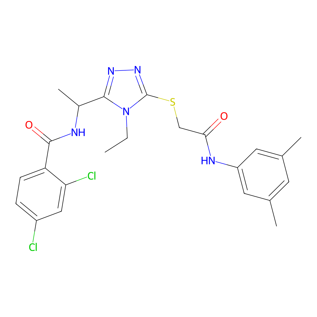 2,4-dichloro-N-[1-[5-[2-(3,5-dimethylanilino)-2-oxoethyl]sulfanyl-4-ethyl-1,2,4-triazol-3-yl]ethyl]benzamide molecular structure, CAS 694507-24-9