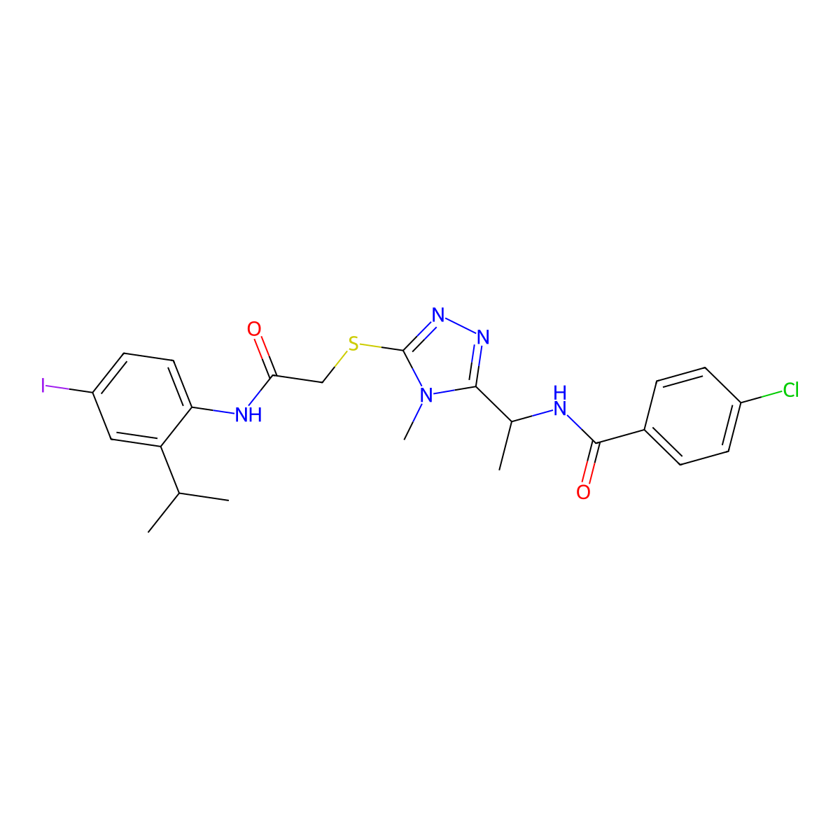 4-chloro-N-(1-{5-[(2-{[4-iodo-2-(propan-2-yl)phenyl]amino}-2-oxoethyl)sulfanyl]-4-methyl-4H-1,2,4-triazol-3-yl}ethyl)benzamide molecular structure, CAS 694507-33-0