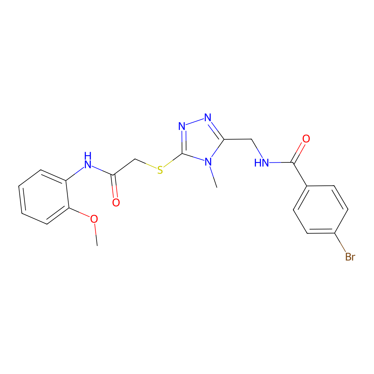4-bromo-N-[[5-[2-(2-methoxyanilino)-2-oxoethyl]sulfanyl-4-methyl-1,2,4-triazol-3-yl]methyl]benzamide molecular structure, CAS 694507-36-3