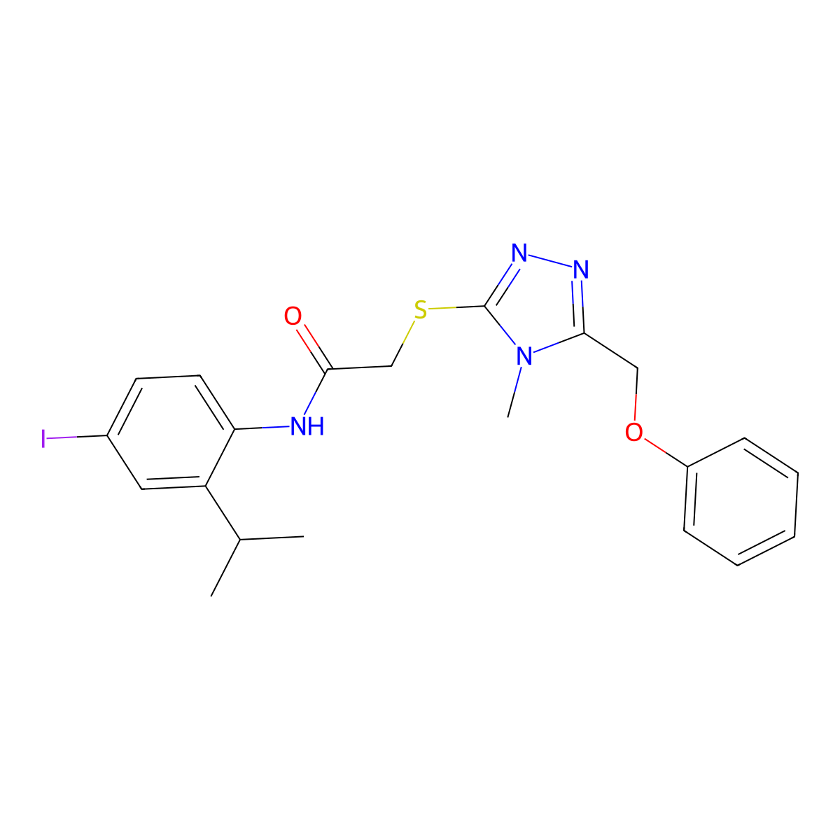 N-(4-iodo-2-propan-2-ylphenyl)-2-[[4-methyl-5-(phenoxymethyl)-1,2,4-triazol-3-yl]sulfanyl]acetamide molecular structure, CAS 694507-72-7