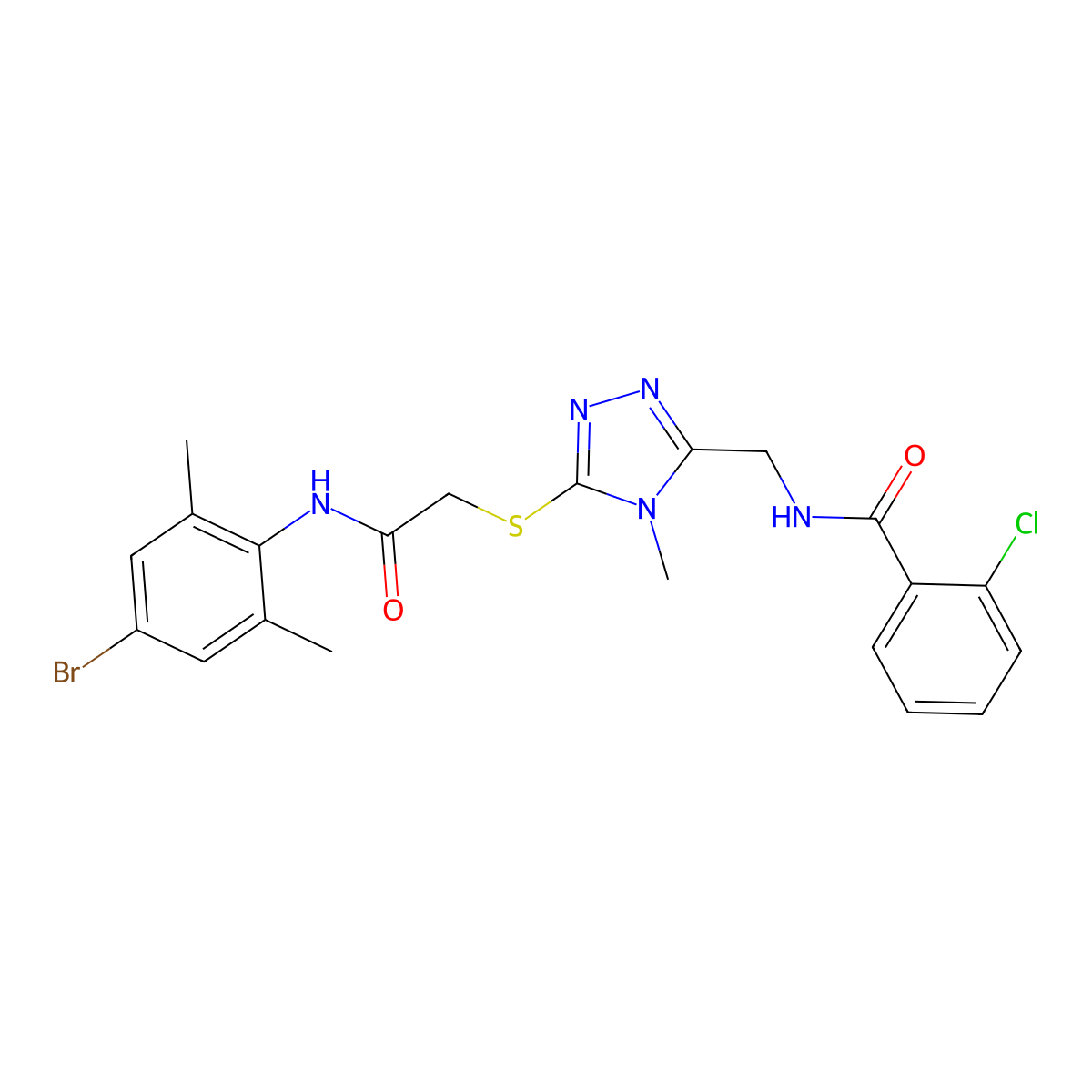 N-[[5-[2-(4-bromo-2,6-dimethylanilino)-2-oxoethyl]sulfanyl-4-methyl-1,2,4-triazol-3-yl]methyl]-2-chlorobenzamide molecular structure, CAS 694508-04-8