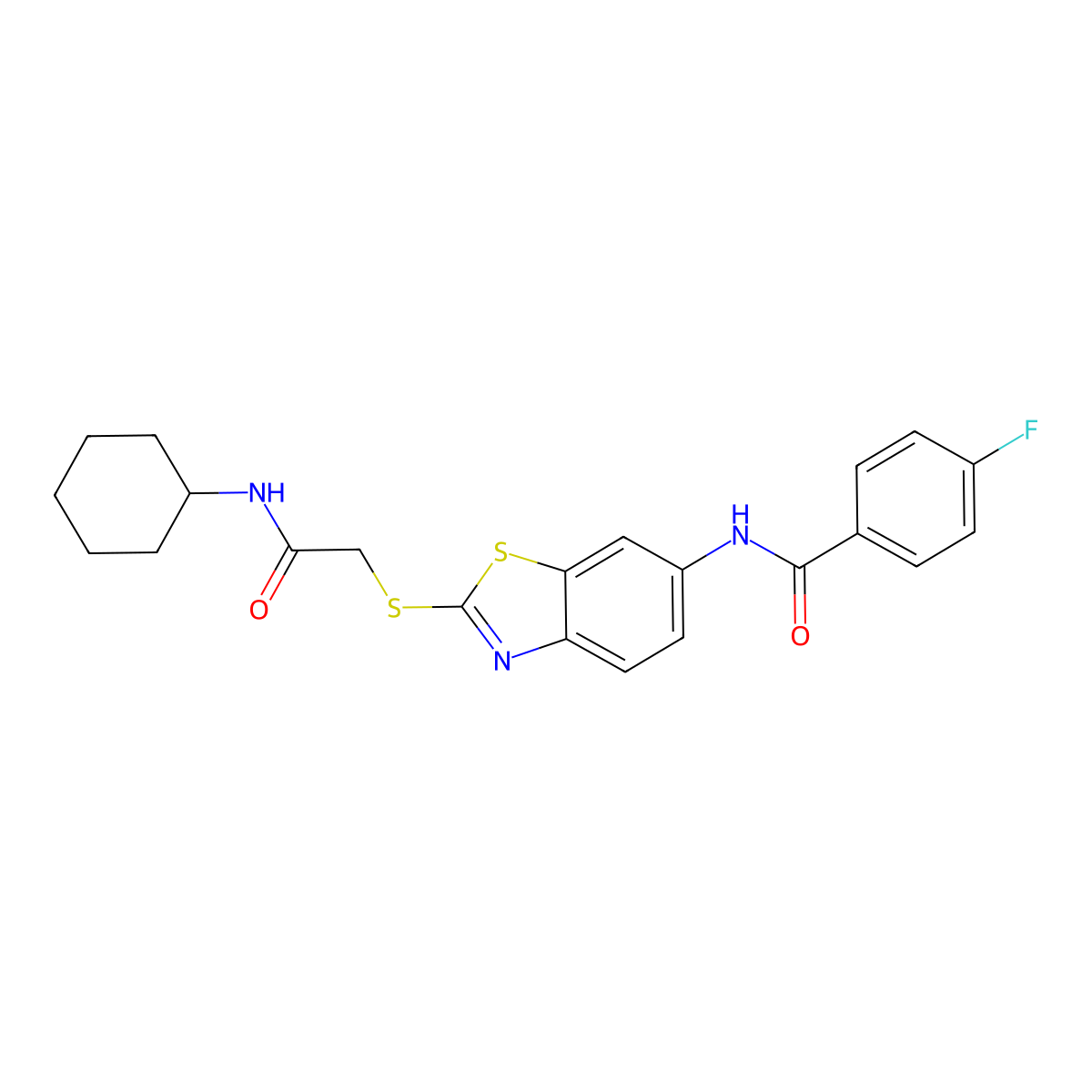 N-(2-{[2-(cyclohexylamino)-2-oxoethyl]sulfanyl}-1,3-benzothiazol-6-yl)-4-fluorobenzamide molecular structure, CAS 694508-28-6