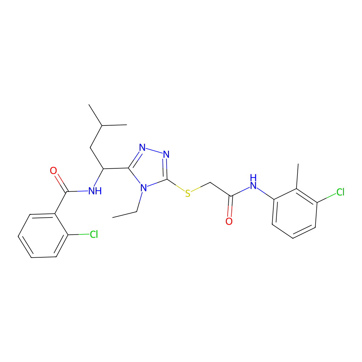 2-chloro-N-[1-[5-[2-(3-chloro-2-methylanilino)-2-oxoethyl]sulfanyl-4-ethyl-1,2,4-triazol-3-yl]-3-methylbutyl]benzamide molecular structure, CAS 694508-31-1