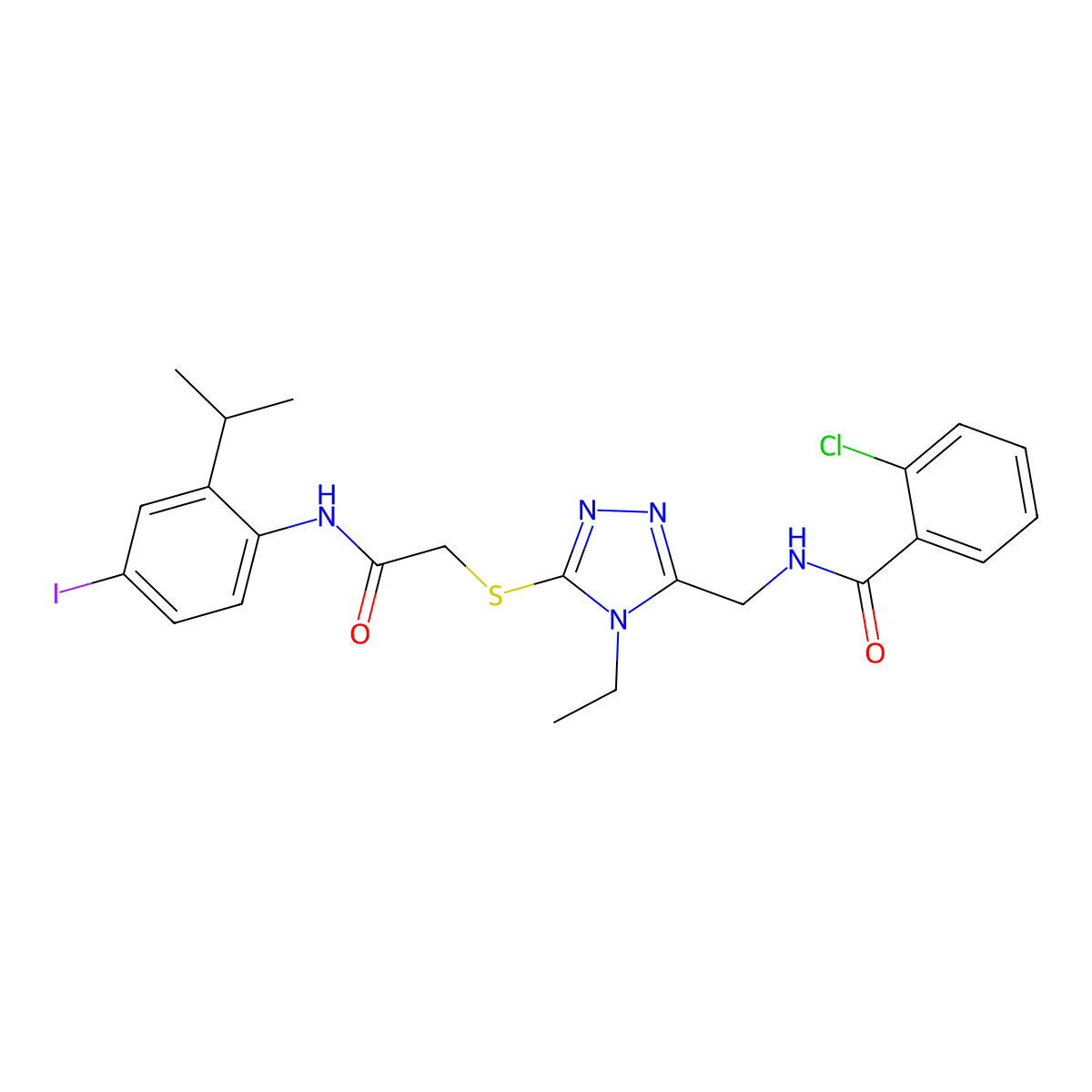 2-chloro-N-[[4-ethyl-5-[2-(4-iodo-2-propan-2-ylanilino)-2-oxoethyl]sulfanyl-1,2,4-triazol-3-yl]methyl]benzamide molecular structure, CAS 694508-41-3
