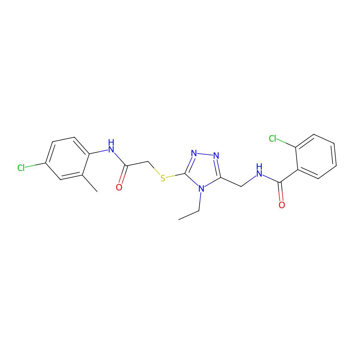 2-chloro-N-[[5-[2-(4-chloro-2-methylanilino)-2-oxoethyl]sulfanyl-4-ethyl-1,2,4-triazol-3-yl]methyl]benzamide molecular structure, CAS 694509-09-6