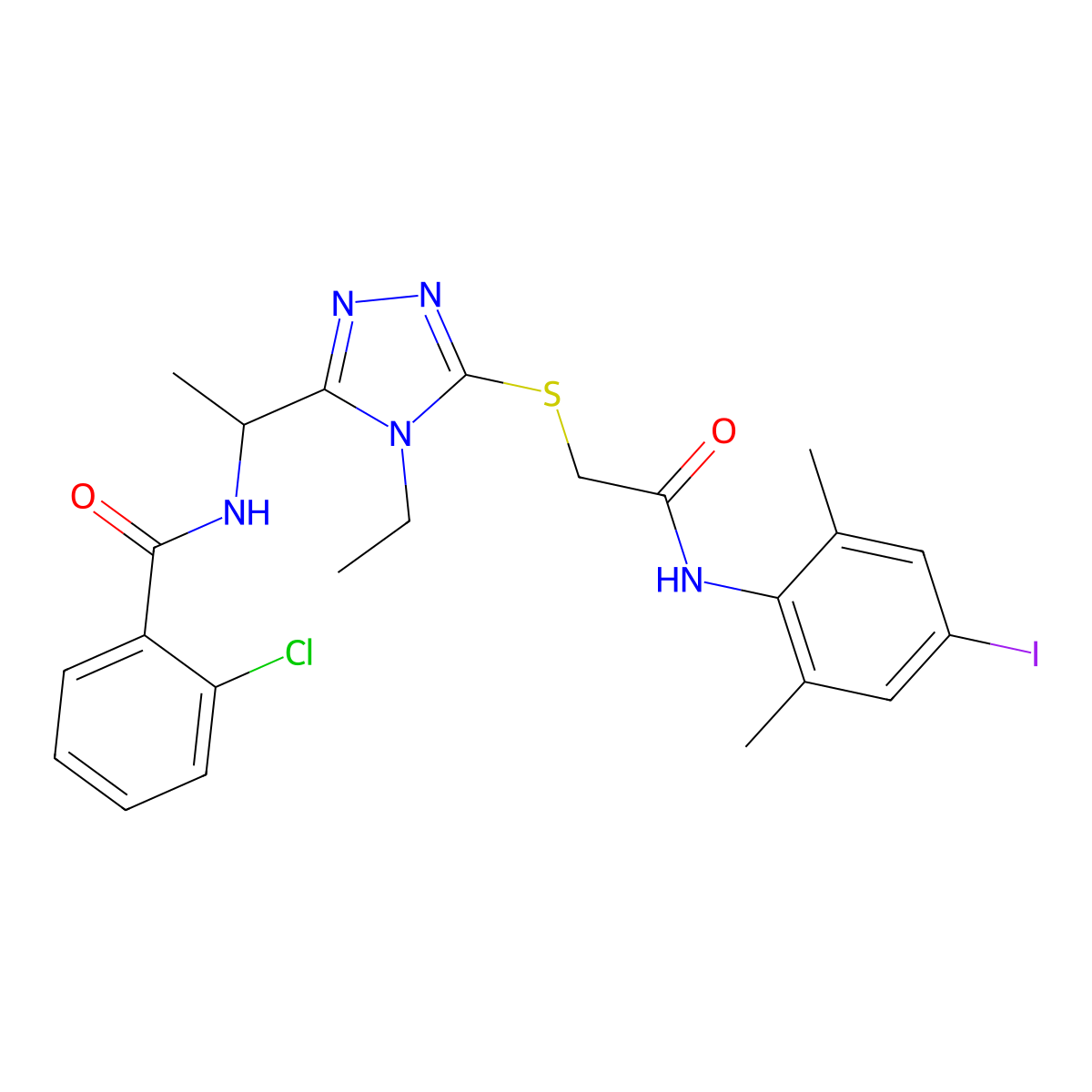 2-chloro-N-[1-[4-ethyl-5-[2-(4-iodo-2,6-dimethylanilino)-2-oxoethyl]sulfanyl-1,2,4-triazol-3-yl]ethyl]benzamide molecular structure, CAS 694509-12-1