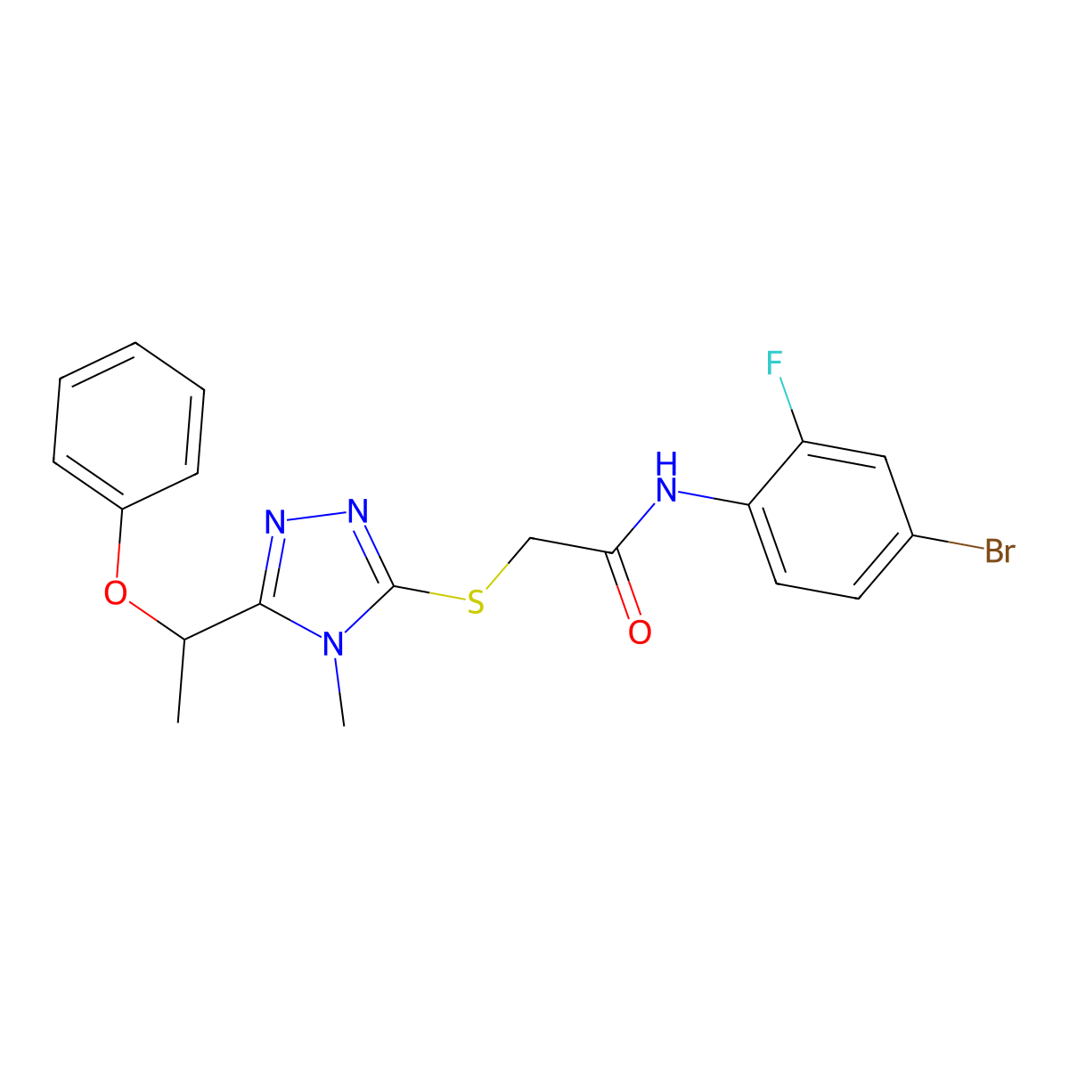 N-(4-bromo-2-fluorophenyl)-2-[[4-methyl-5-(1-phenoxyethyl)-1,2,4-triazol-3-yl]sulfanyl]acetamide molecular structure, CAS 694509-14-3