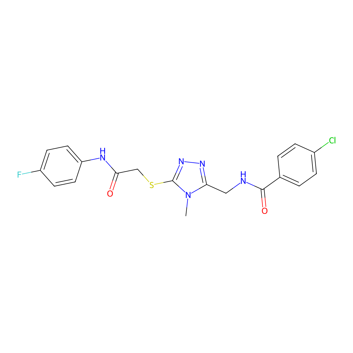 4-chloro-N-[[5-[2-(4-fluoroanilino)-2-oxoethyl]sulfanyl-4-methyl-1,2,4-triazol-3-yl]methyl]benzamide molecular structure, CAS 694516-17-1