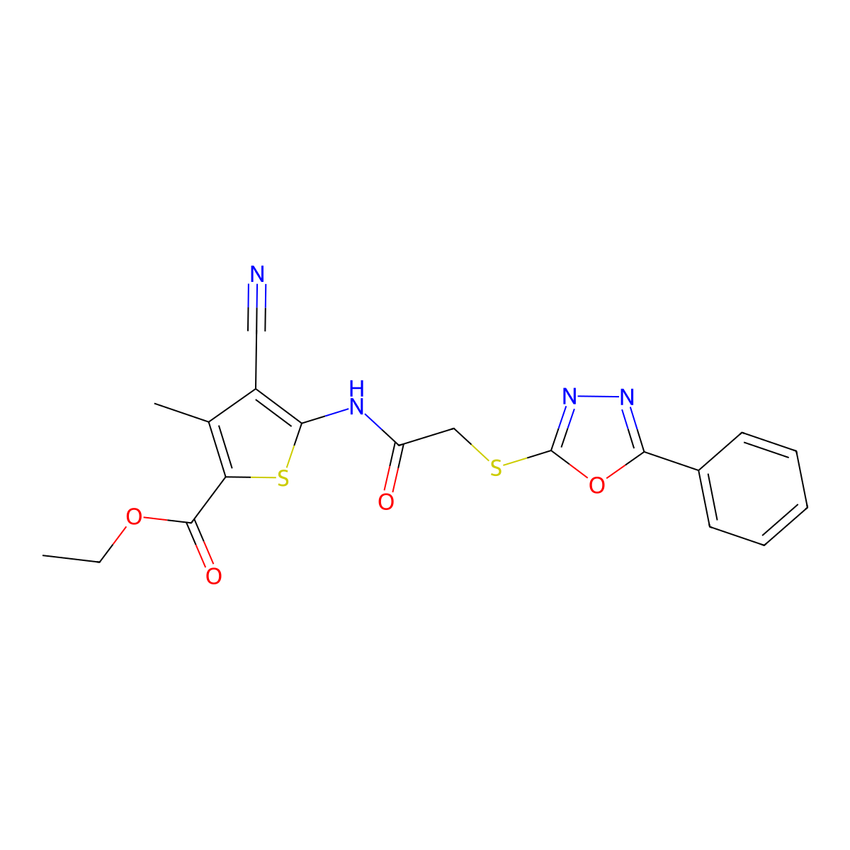 Ethyl 4-cyano-3-methyl-5-[[2-[(5-phenyl-1,3,4-oxadiazol-2-yl)sulfanyl]acetyl]amino]thiophene-2-carboxylate molecular structure, CAS 694516-79-5