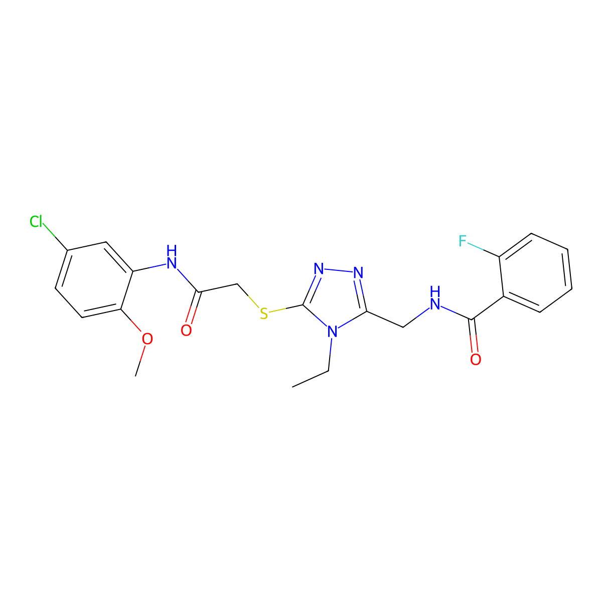 N-[[5-[2-(5-chloro-2-methoxyanilino)-2-oxoethyl]sulfanyl-4-ethyl-1,2,4-triazol-3-yl]methyl]-2-fluorobenzamide molecular structure, CAS 694516-96-6