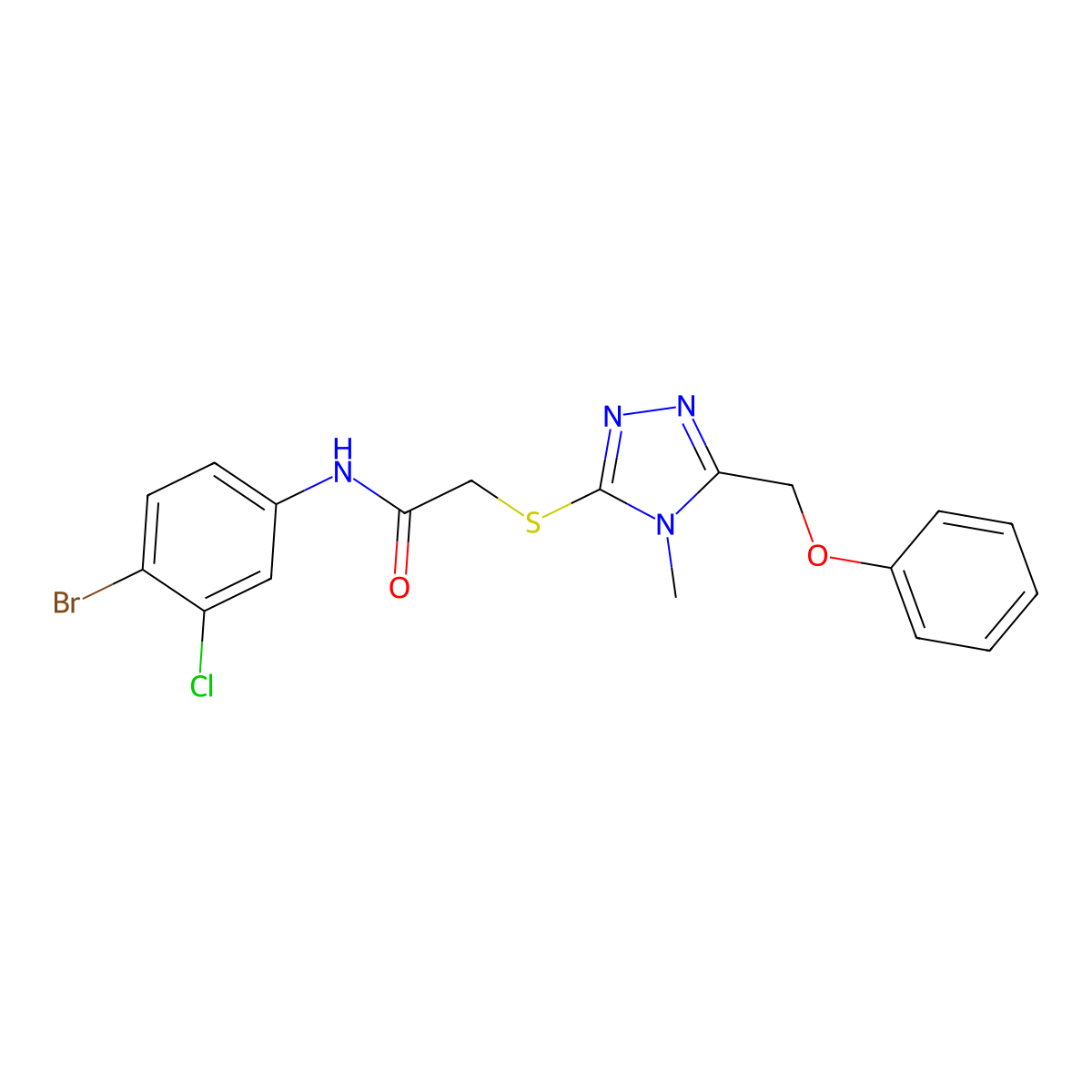 N-(4-bromo-3-chlorophenyl)-2-[[4-methyl-5-(phenoxymethyl)-1,2,4-triazol-3-yl]sulfanyl]acetamide molecular structure, CAS 694517-09-4