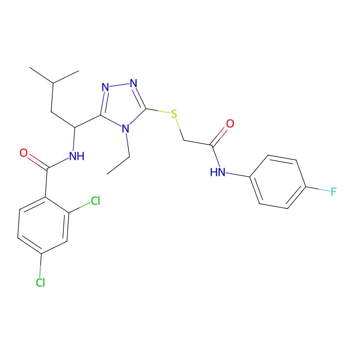 2,4-dichloro-N-[1-[4-ethyl-5-[2-(4-fluoroanilino)-2-oxoethyl]sulfanyl-1,2,4-triazol-3-yl]-3-methylbutyl]benzamide molecular structure, CAS 694517-27-6