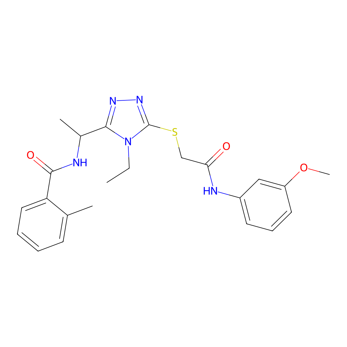 N-[1-[4-ethyl-5-[2-(3-methoxyanilino)-2-oxoethyl]sulfanyl-1,2,4-triazol-3-yl]ethyl]-2-methylbenzamide molecular structure, CAS 694517-74-3