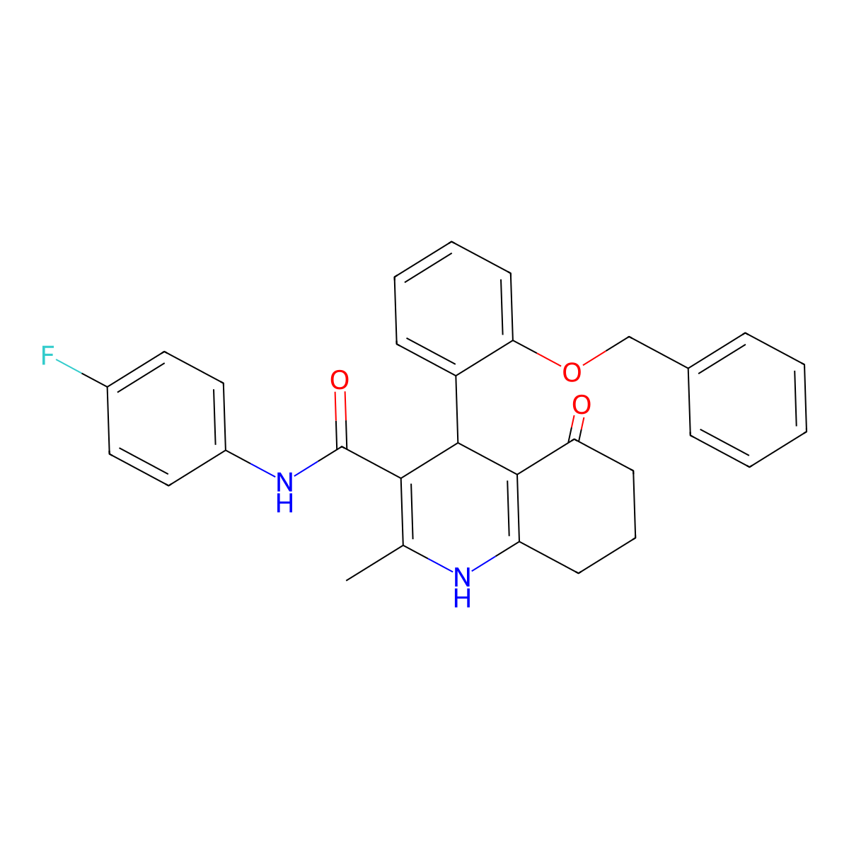 N-(4-fluorophenyl)-2-methyl-5-oxo-4-(2-phenylmethoxyphenyl)-4,6,7,8-tetrahydro-1H-quinoline-3-carboxamide molecular structure, CAS 694519-89-6