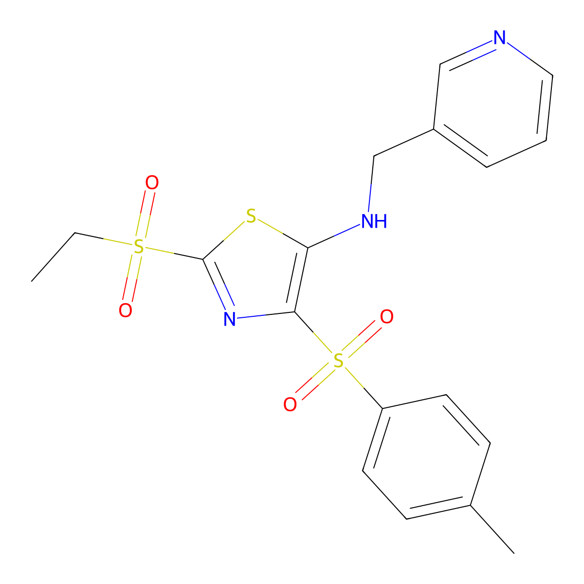 2-ethylsulfonyl-4-(4-methylphenyl)sulfonyl-N-(pyridin-3-ylmethyl)-1,3-thiazol-5-amine molecular structure, CAS 694522-27-5