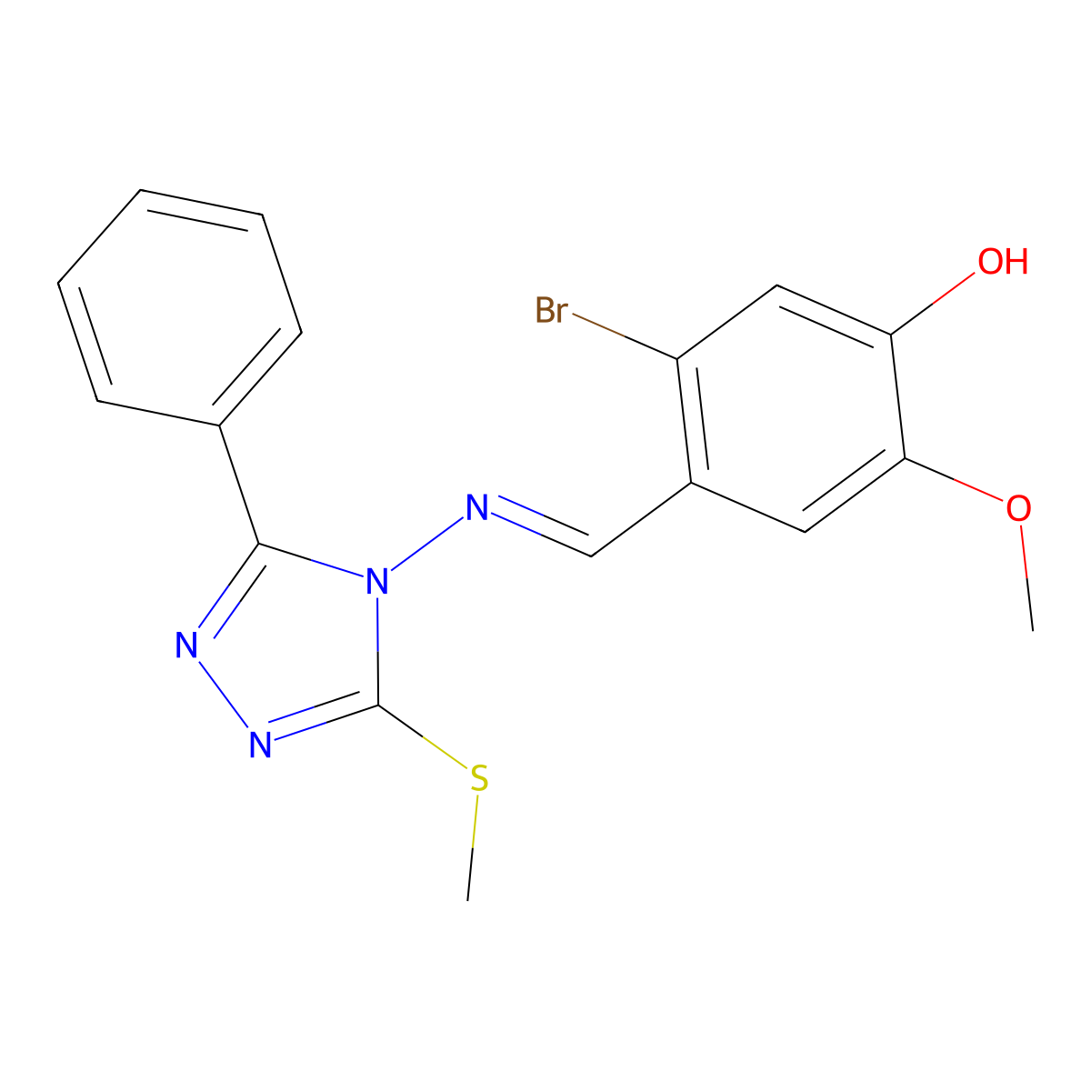 5-Bromo-2-methoxy-4-(((3-(methylthio)-5-phenyl-4H-1,2,4-triazol-4-yl)imino)methyl)phenol molecular structure, CAS 694522-87-7