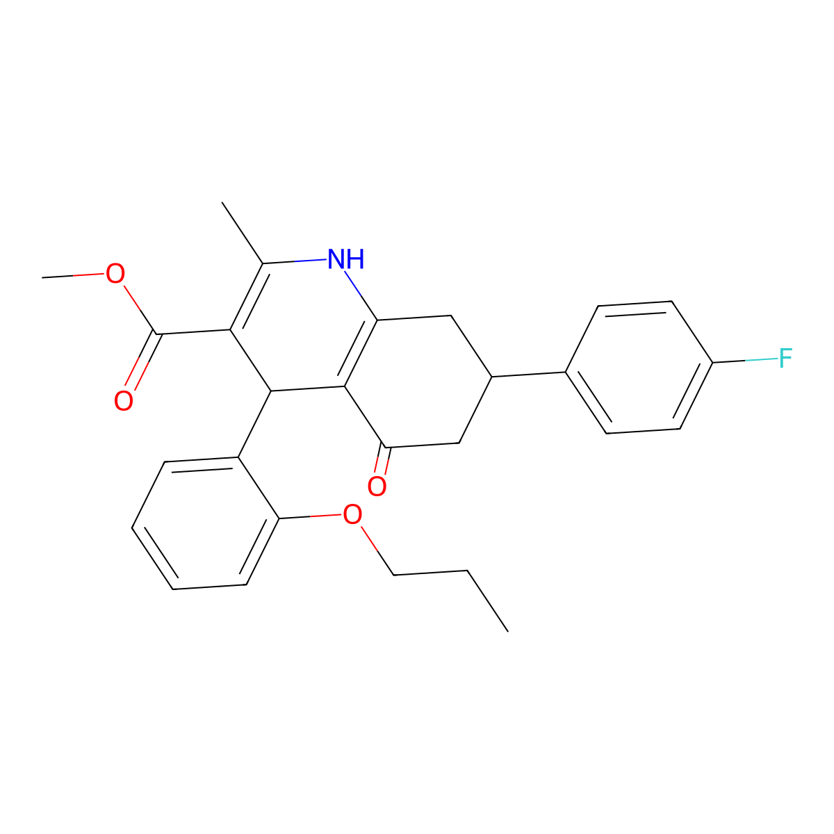 Methyl 7-(4-fluorophenyl)-2-methyl-5-oxo-4-(2-propoxyphenyl)-1,4,5,6,7,8-hexahydroquinoline-3-carboxylate molecular structure, CAS 694524-75-9