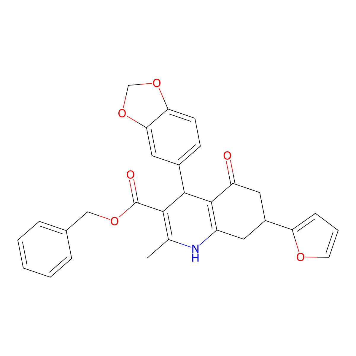 Benzyl 4-(1,3-benzodioxol-5-yl)-7-(furan-2-yl)-2-methyl-5-oxo-1,4,5,6,7,8-hexahydroquinoline-3-carboxylate molecular structure, CAS 694525-65-0