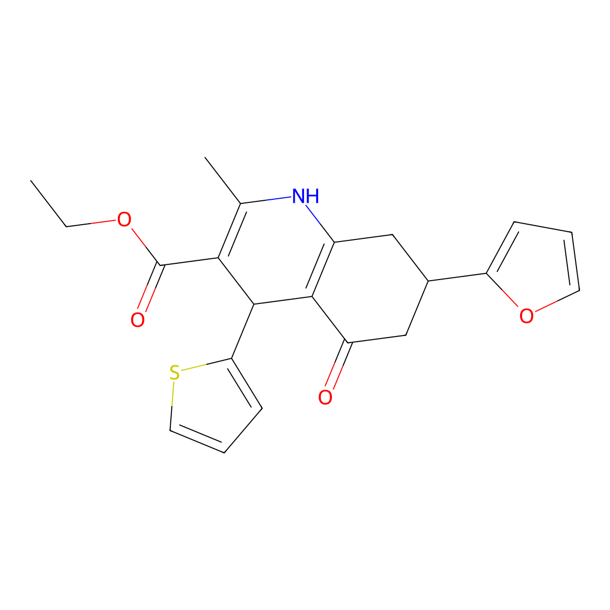 Ethyl 7-(furan-2-yl)-2-methyl-5-oxo-4-(thiophen-2-yl)-1,4,5,6,7,8-hexahydroquinoline-3-carboxylate molecular structure, CAS 694526-08-4