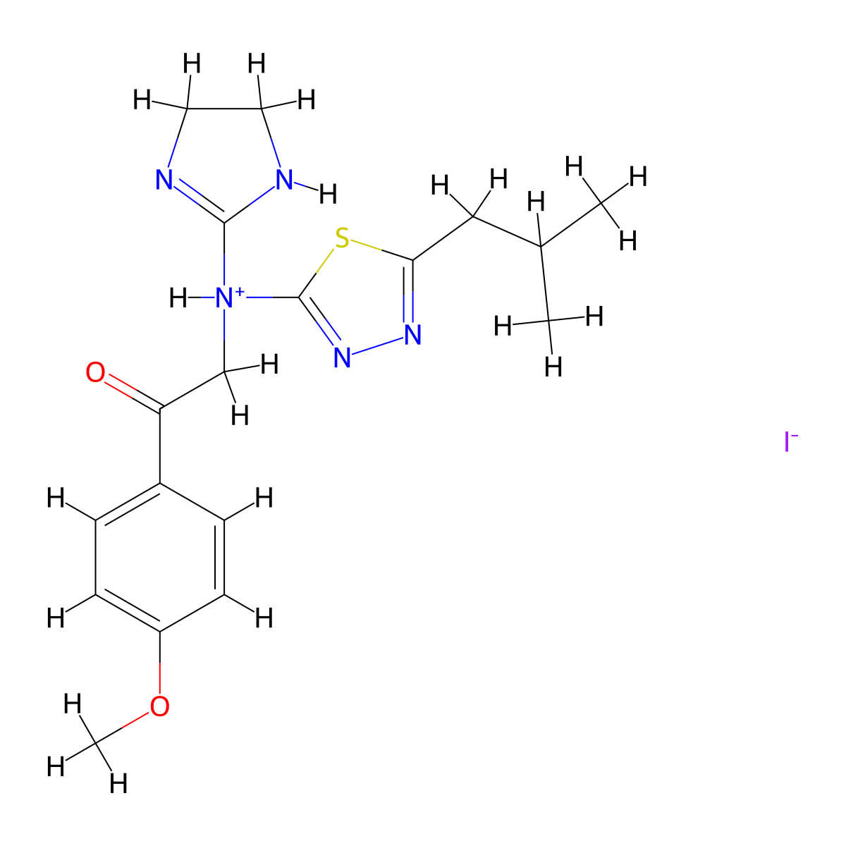 Ethanone, 2-((4,5-dihydro-1H-imidazol-2-yl)(5-(2-methylpropyl)-1,3,4-thiadiazol-2-yl)amino)-1-(4-methoxyphenyl)-, monohydriodide molecular structure, CAS 69463-99-6