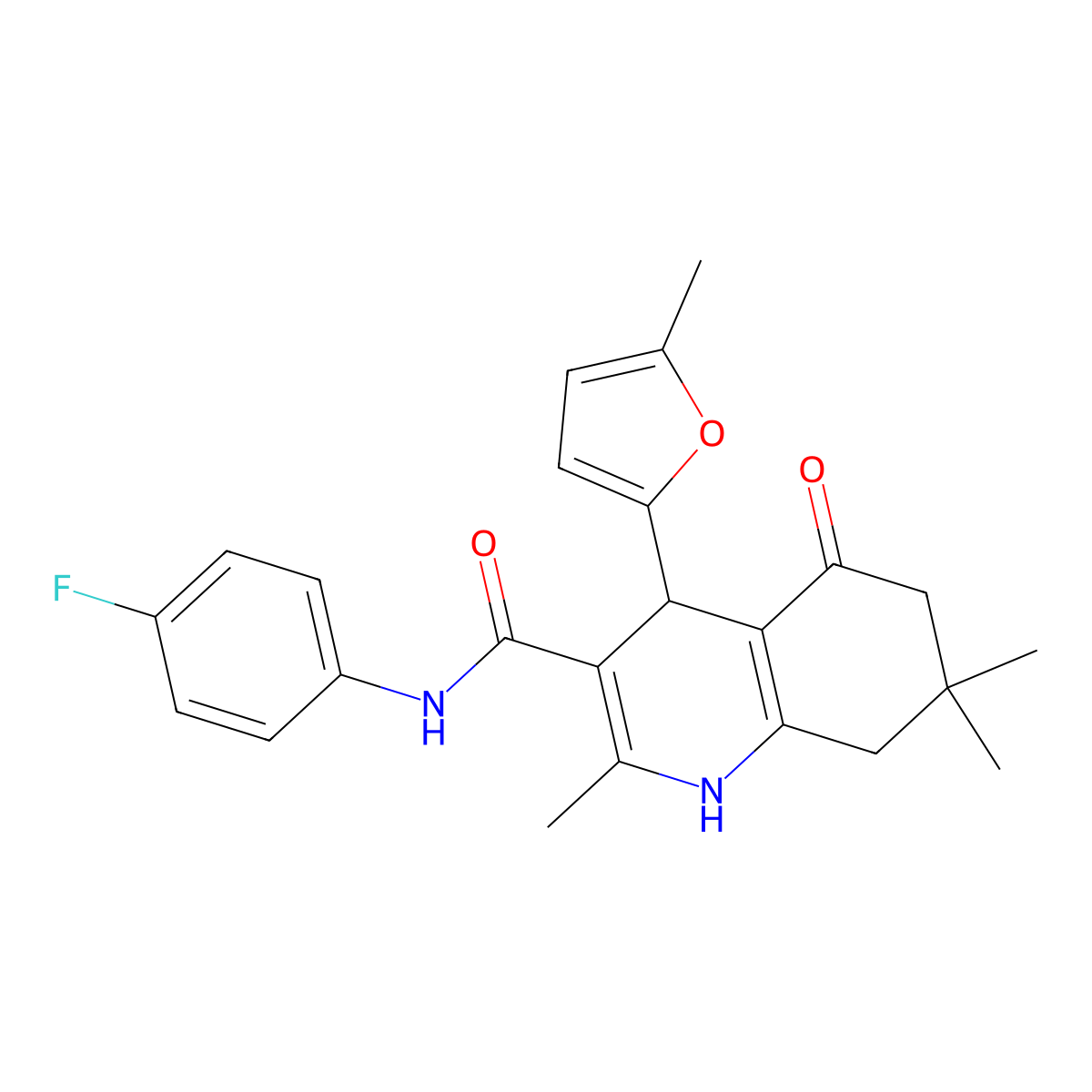N-(4-fluorophenyl)-2,7,7-trimethyl-4-(5-methylfuran-2-yl)-5-oxo-1,4,6,8-tetrahydroquinoline-3-carboxamide molecular structure, CAS 695160-41-9
