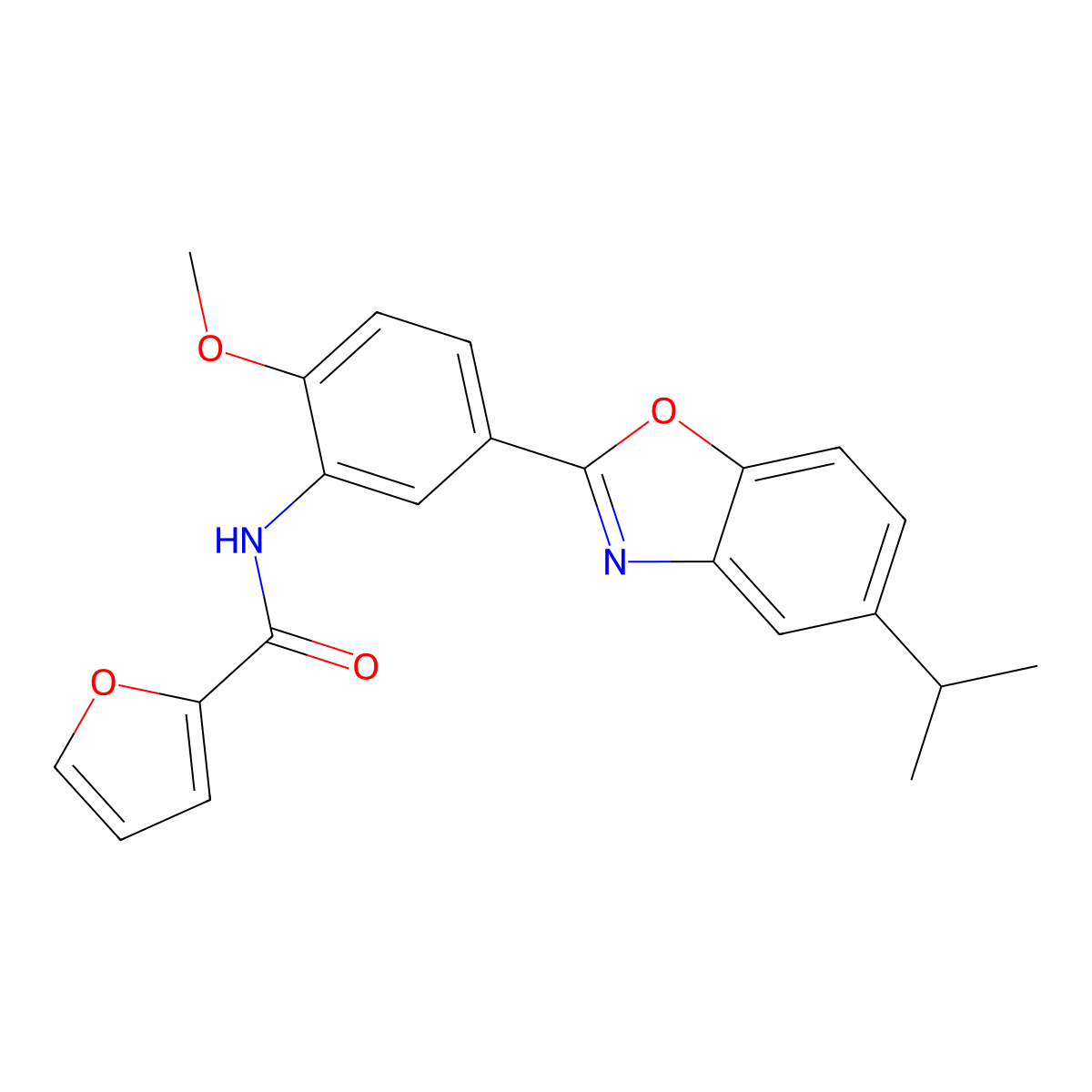 N-[2-methoxy-5-(5-propan-2-yl-1,3-benzoxazol-2-yl)phenyl]furan-2-carboxamide molecular structure, CAS 695166-10-0