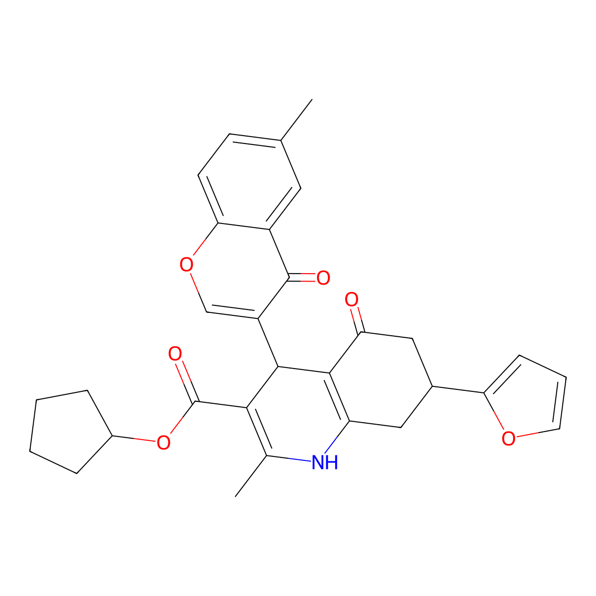 cyclopentyl 7-(furan-2-yl)-2-methyl-4-(6-methyl-4-oxo-4H-chromen-3-yl)-5-oxo-1,4,5,6,7,8-hexahydroquinoline-3-carboxylate molecular structure, CAS 695166-26-8