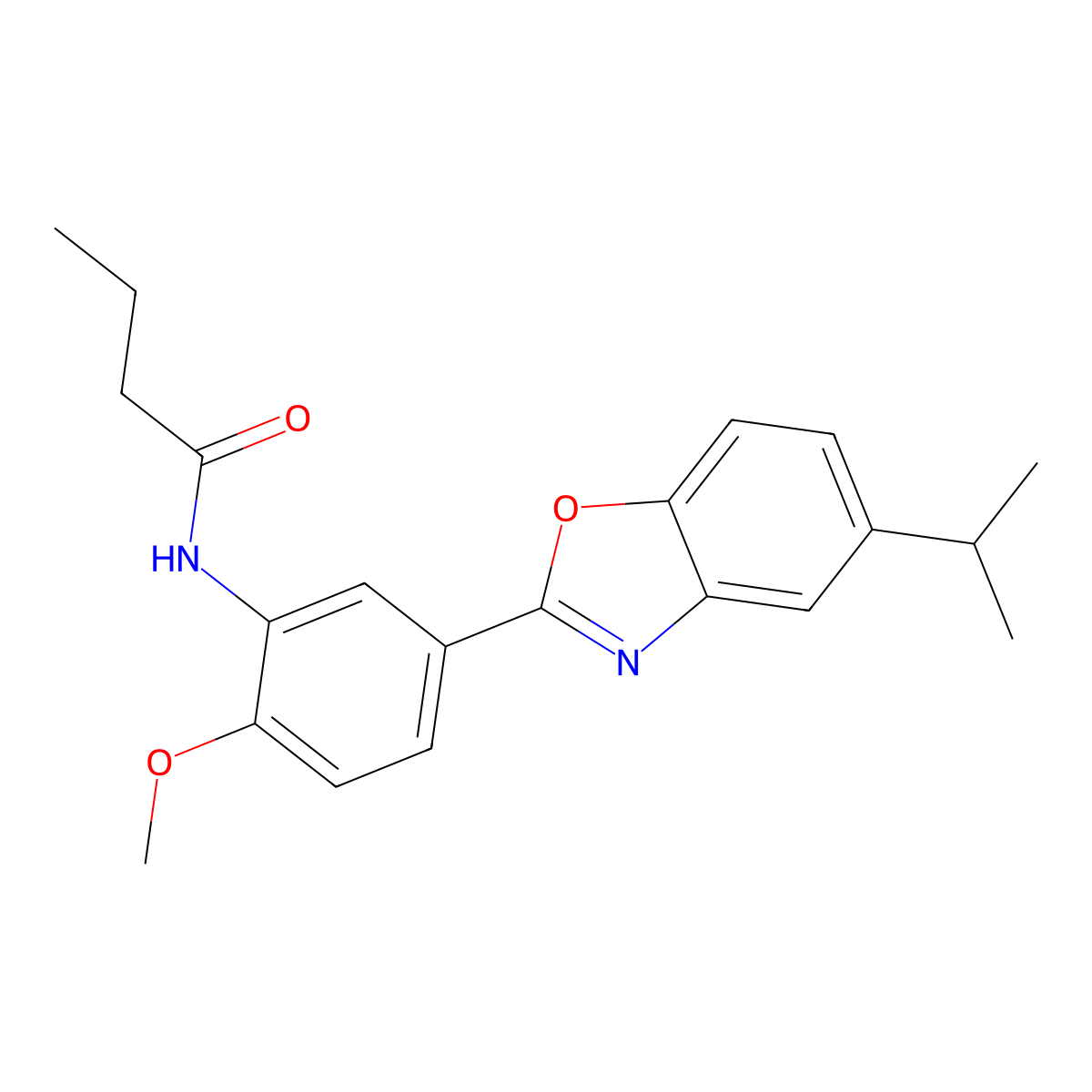 N-[2-methoxy-5-(5-propan-2-yl-1,3-benzoxazol-2-yl)phenyl]butanamide molecular structure, CAS 695166-85-9