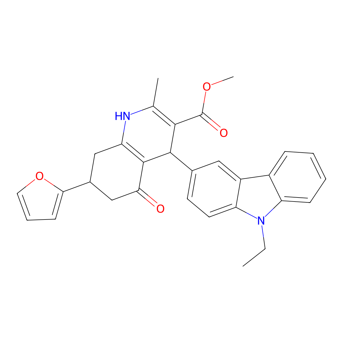 methyl 4-(9-ethyl-9H-carbazol-3-yl)-7-(furan-2-yl)-2-methyl-5-oxo-1,4,5,6,7,8-hexahydroquinoline-3-carboxylate molecular structure, CAS 695168-55-9