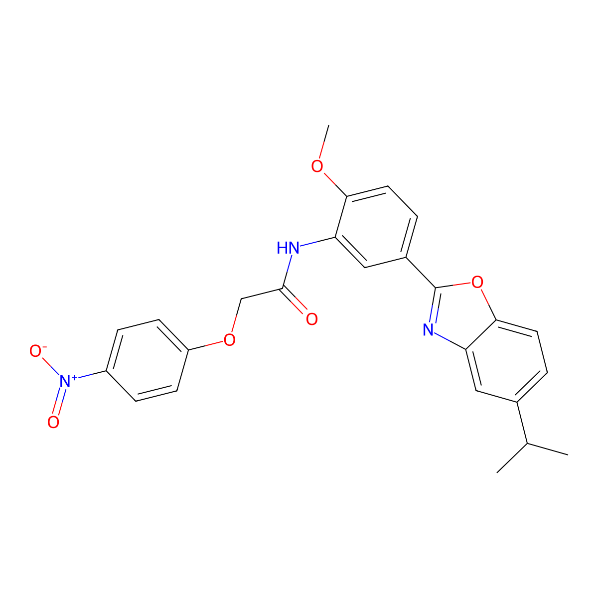 N-[2-methoxy-5-(5-propan-2-yl-1,3-benzoxazol-2-yl)phenyl]-2-(4-nitrophenoxy)acetamide molecular structure, CAS 695168-94-6
