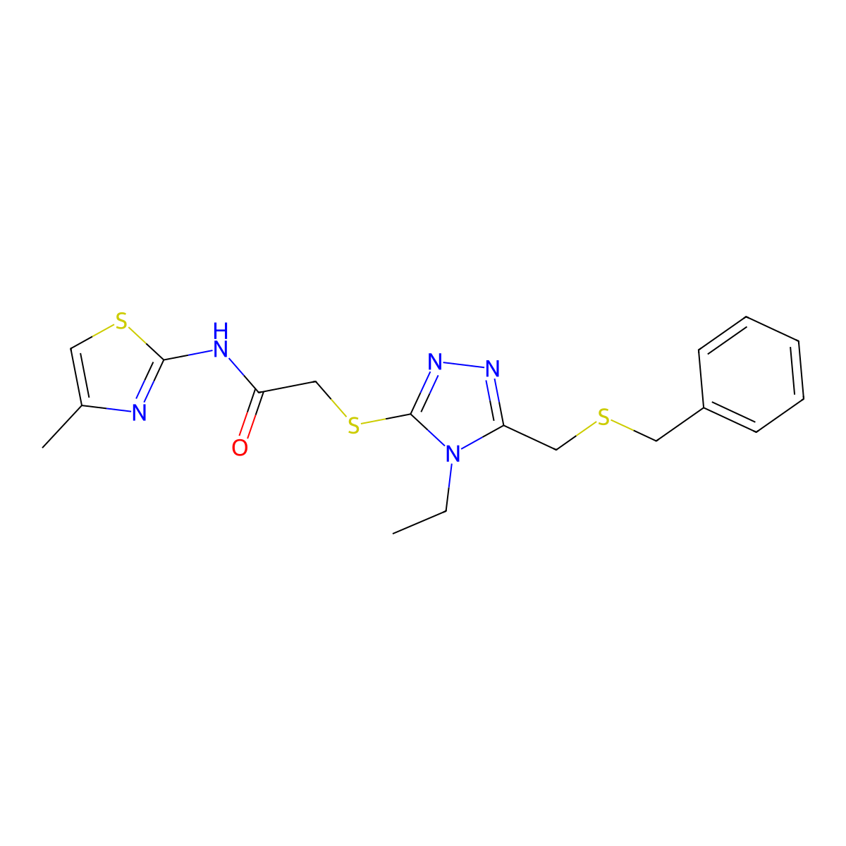 2-[[5-(benzylsulfanylmethyl)-4-ethyl-1,2,4-triazol-3-yl]sulfanyl]-N-(4-methyl-1,3-thiazol-2-yl)acetamide molecular structure, CAS 695169-86-9