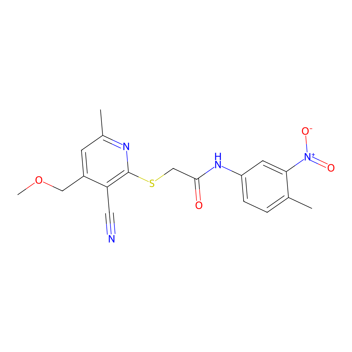 2-[3-cyano-4-(methoxymethyl)-6-methylpyridin-2-yl]sulfanyl-N-(4-methyl-3-nitrophenyl)acetamide molecular structure, CAS 695172-22-6