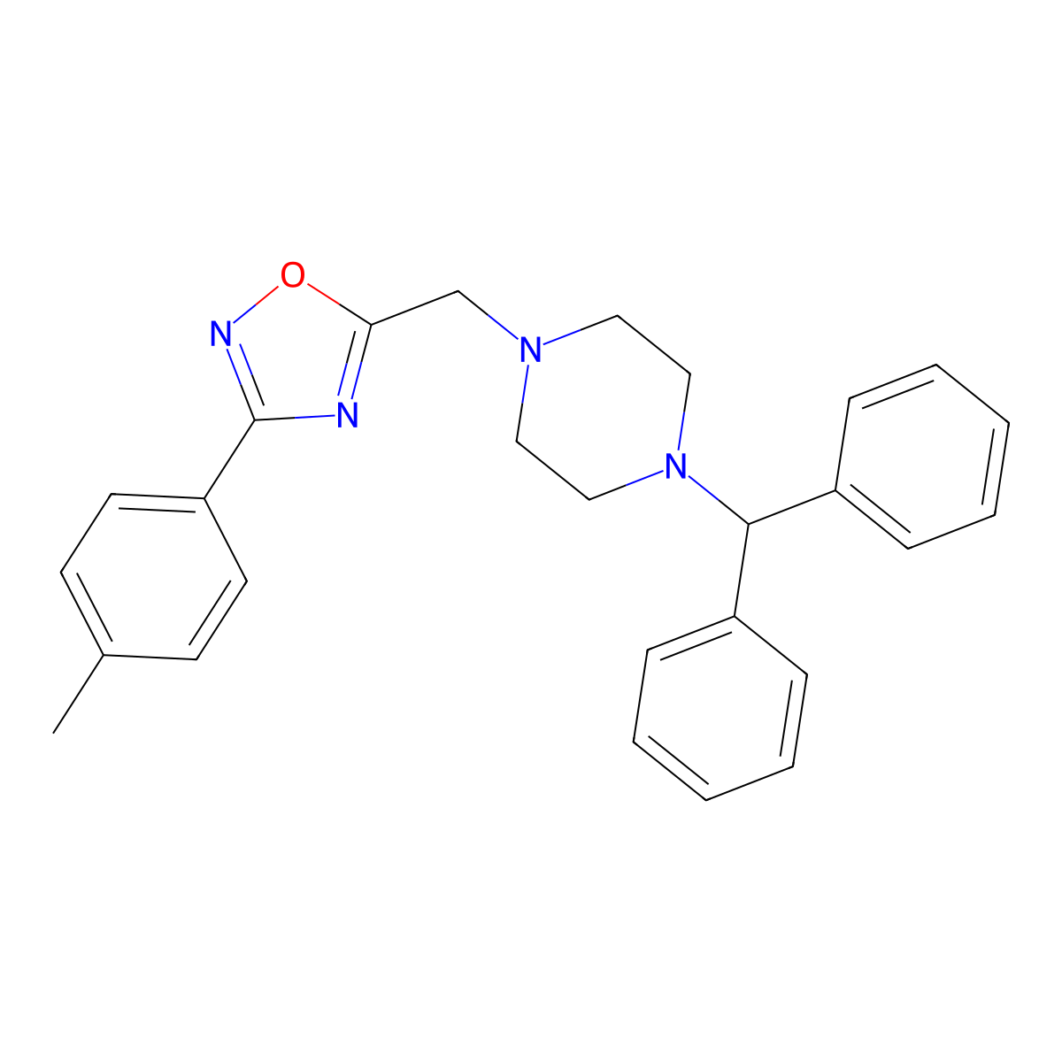 1-(Diphenylmethyl)-4-{[3-(4-methylphenyl)-1,2,4-oxadiazol-5-yl]methyl}piperazine molecular structure, CAS 695172-24-8