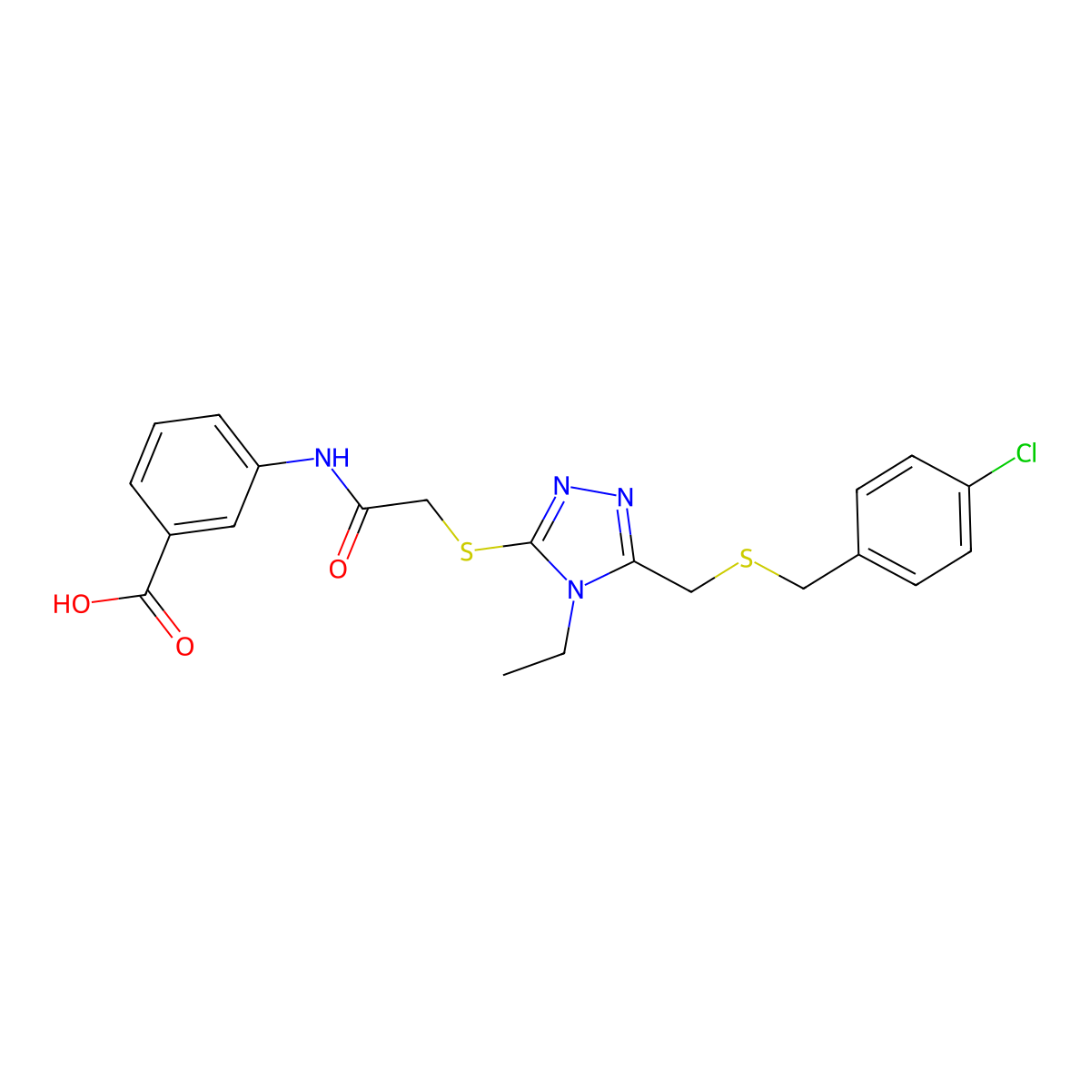 3-({[(5-{[(4-chlorobenzyl)sulfanyl]methyl}-4-ethyl-4H-1,2,4-triazol-3-yl)sulfanyl]acetyl}amino)benzoic acid molecular structure, CAS 695175-96-3