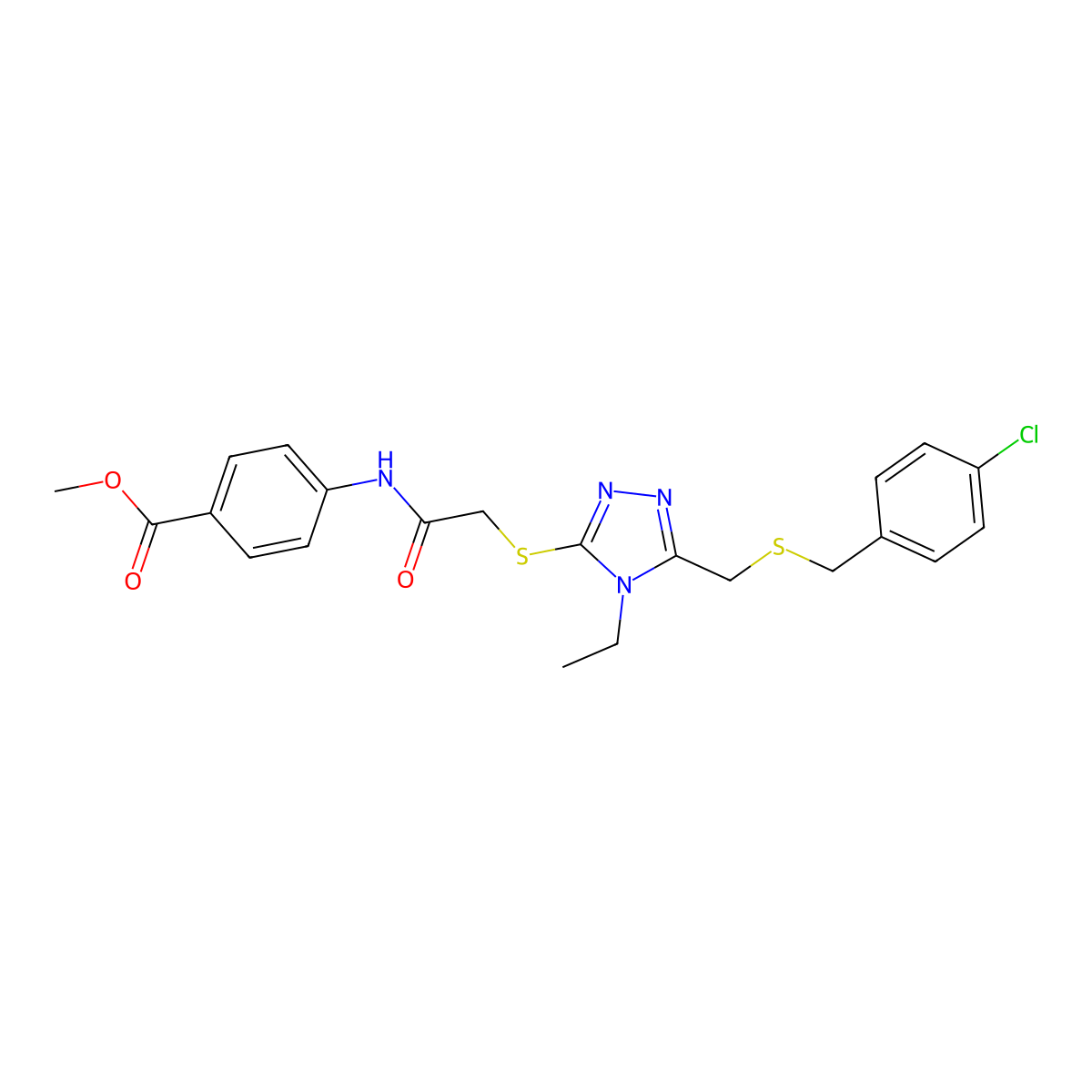 Methyl 4-[[2-[[5-[(4-chlorophenyl)methylsulfanylmethyl]-4-ethyl-1,2,4-triazol-3-yl]sulfanyl]acetyl]amino]benzoate molecular structure, CAS 695176-17-1
