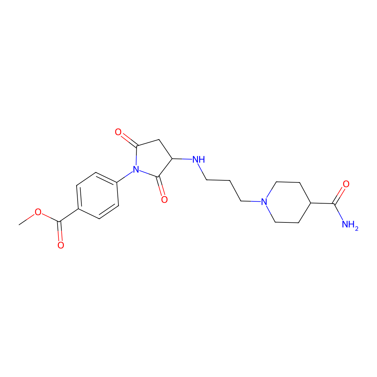 Methyl 4-(3-{[3-(4-carbamoylpiperidin-1-yl)propyl]amino}-2,5-dioxopyrrolidin-1-yl)benzoate molecular structure, CAS 695176-61-5