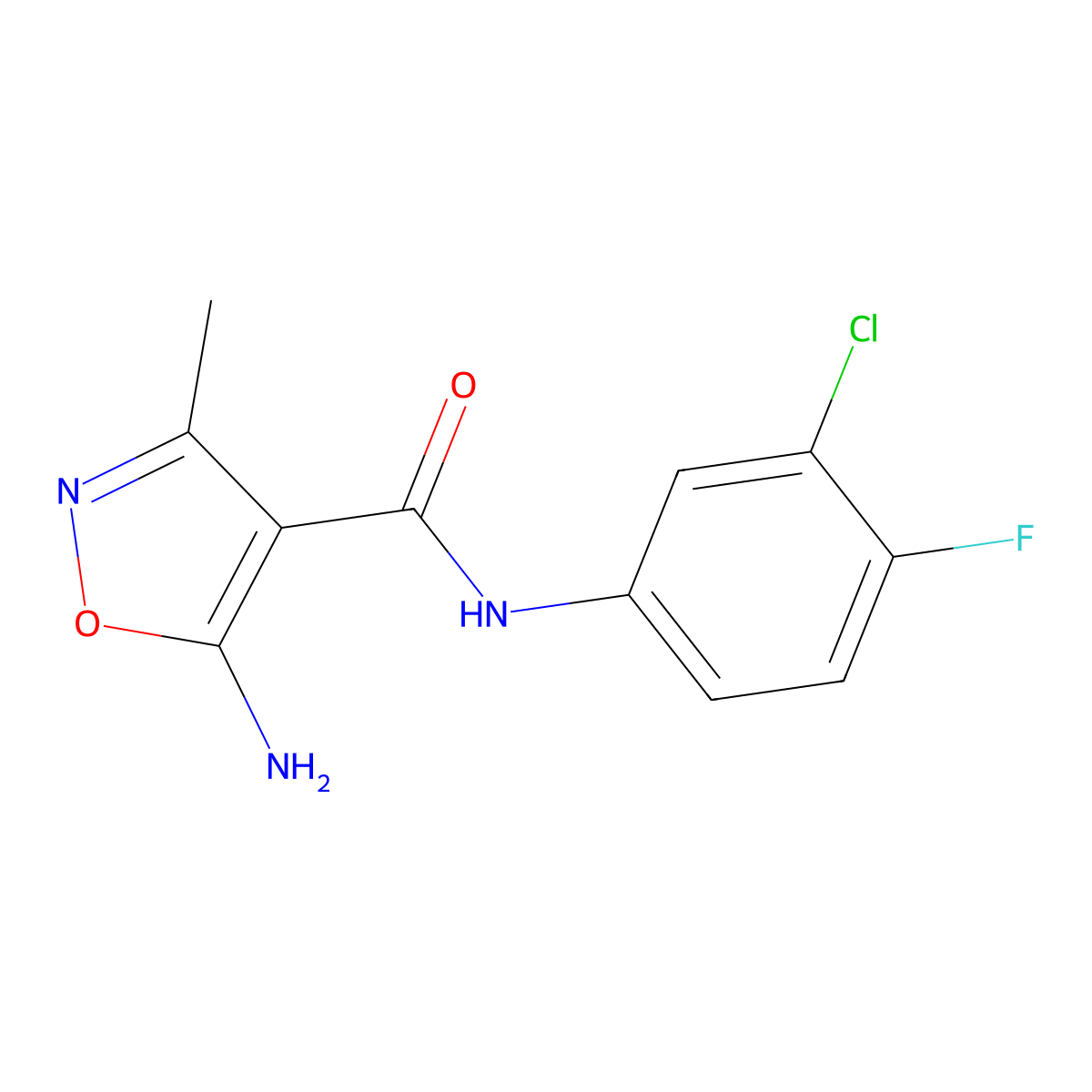 5-amino-N-(3-chloro-4-fluorophenyl)-3-methylisoxazole-4-carboxamide molecular structure, CAS 695191-77-6
