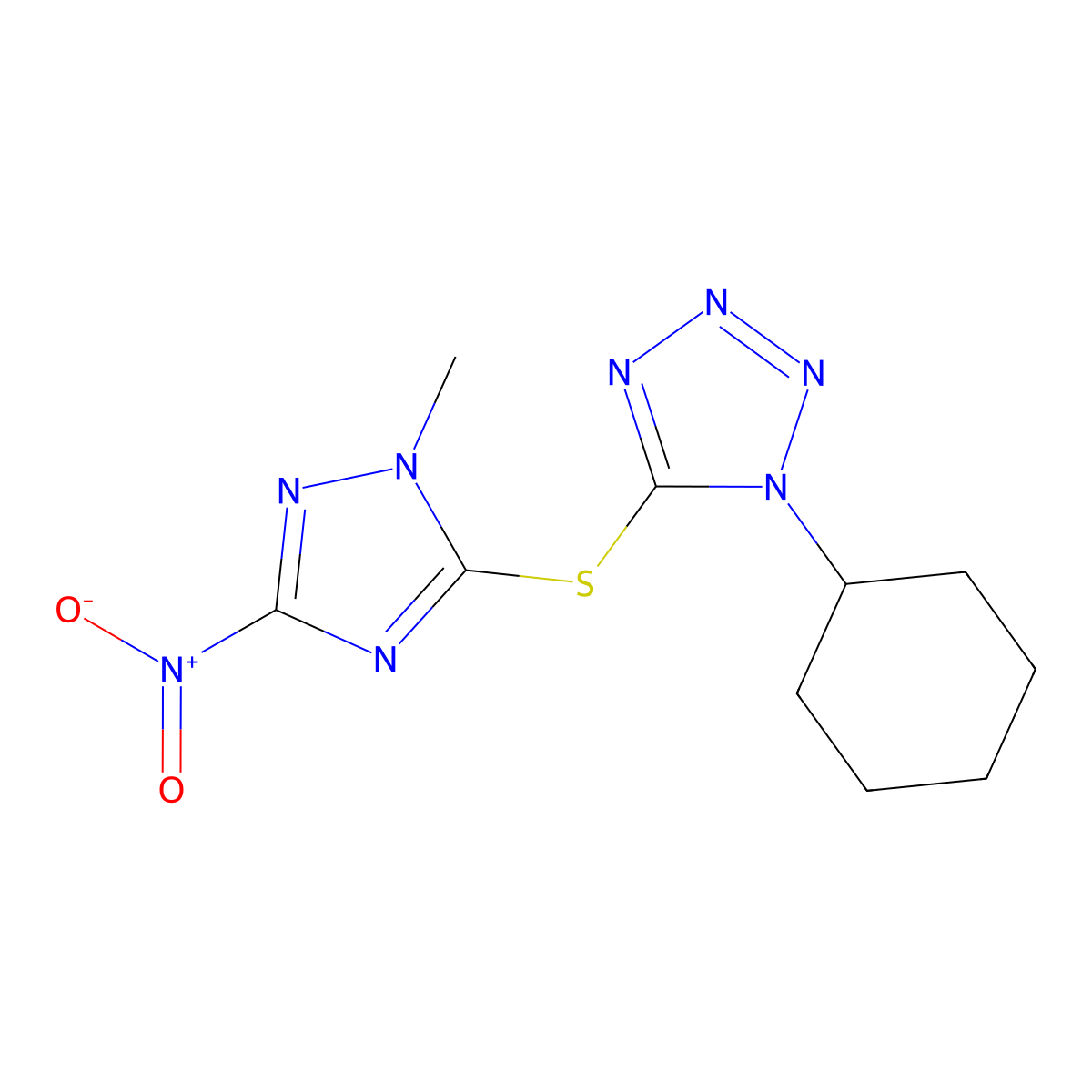 1-Cyclohexyl-5-[(2-methyl-5-nitro-1,2,4-triazol-3-yl)sulfanyl]tetrazole molecular structure, CAS 695193-12-5