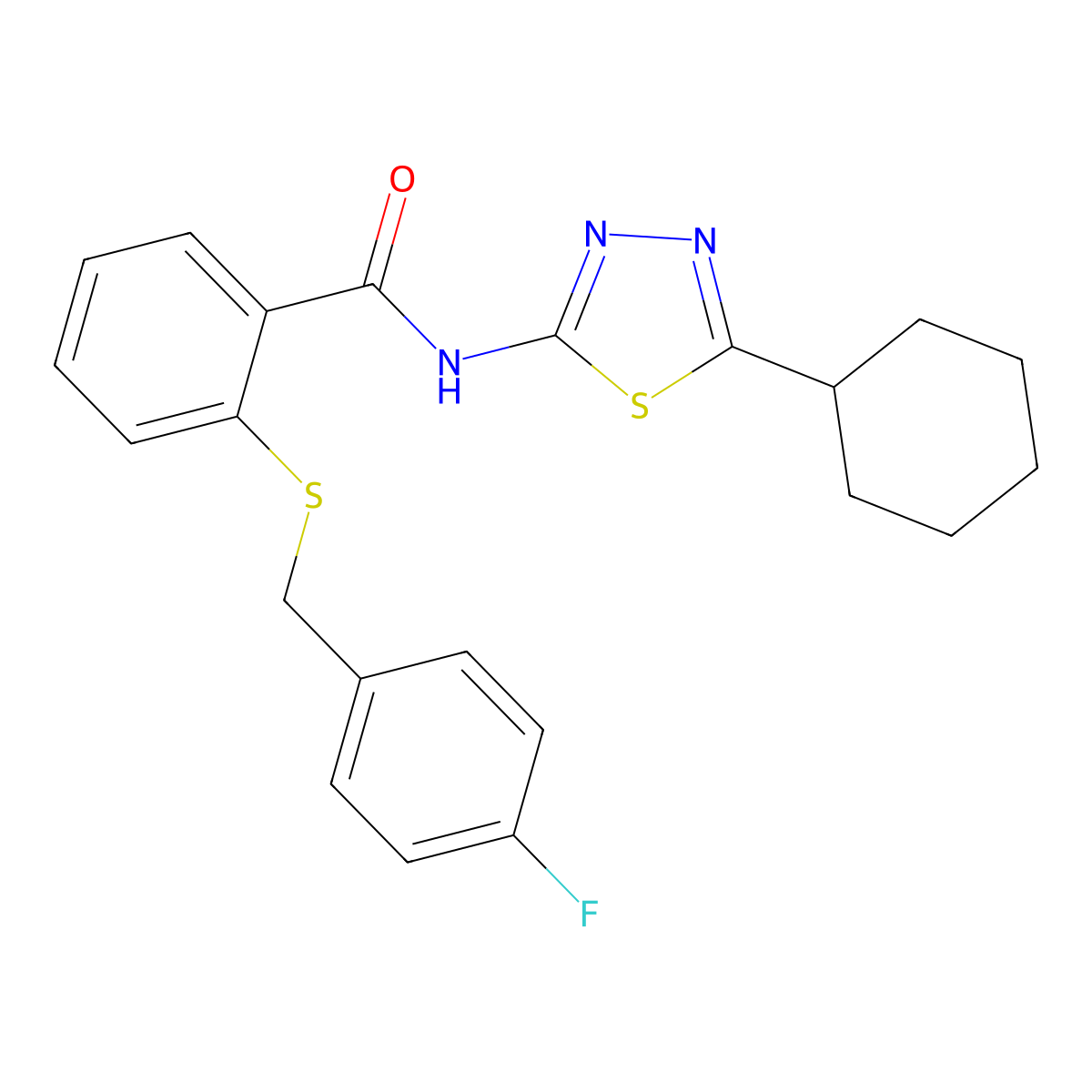 N-(5-cyclohexyl-1,3,4-thiadiazol-2-yl)-2-[(4-fluorophenyl)methylsulfanyl]benzamide molecular structure, CAS 695198-16-4