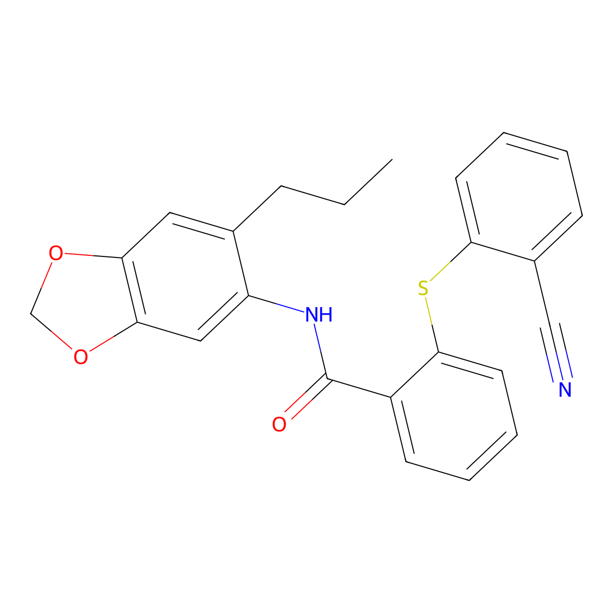2-(2-cyanophenyl)sulfanyl-N-(6-propyl-1,3-benzodioxol-5-yl)benzamide molecular structure, CAS 695198-27-7