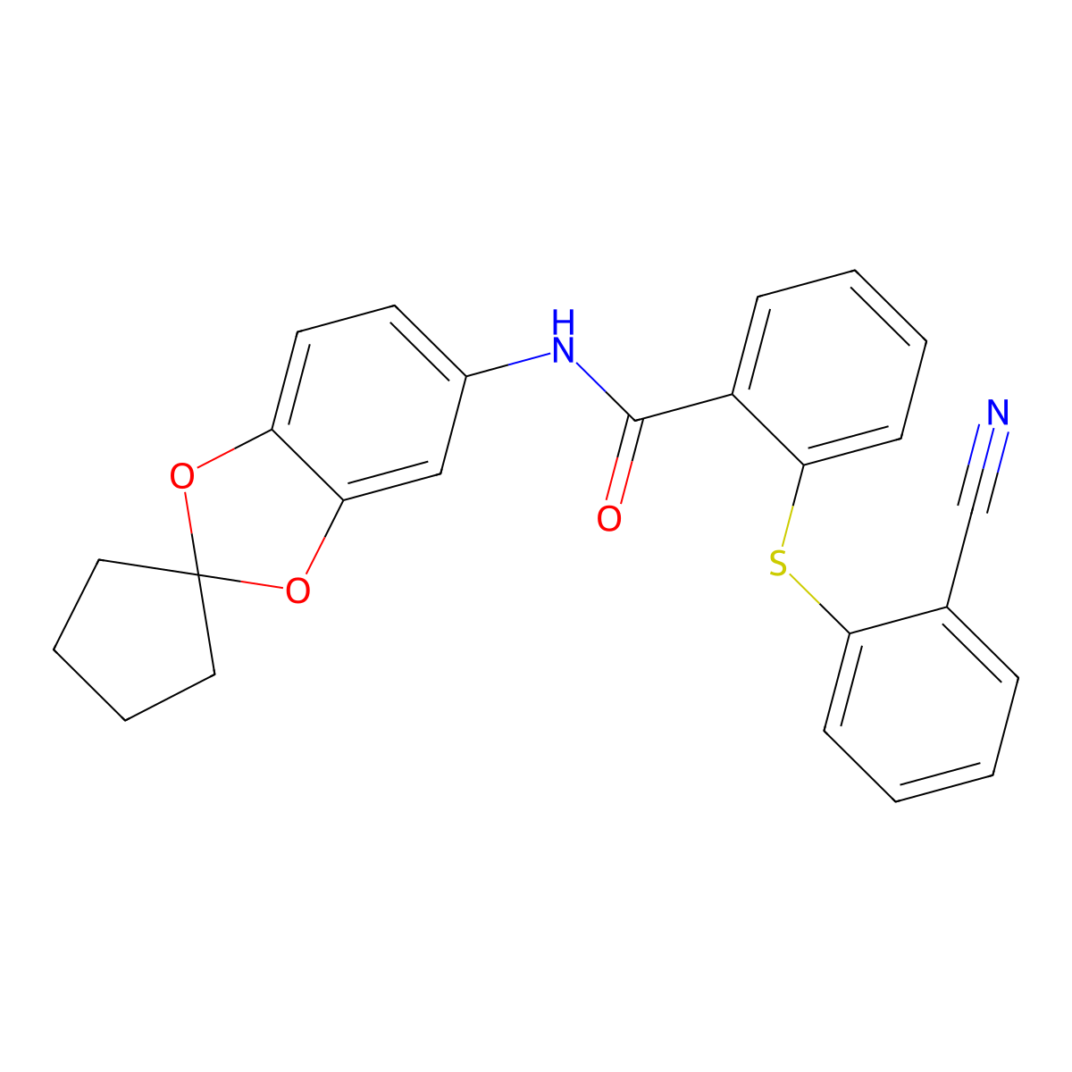 2-(2-cyanophenyl)sulfanyl-N-spiro[1,3-benzodioxole-2,1'-cyclopentane]-5-ylbenzamide molecular structure, CAS 695198-44-8
