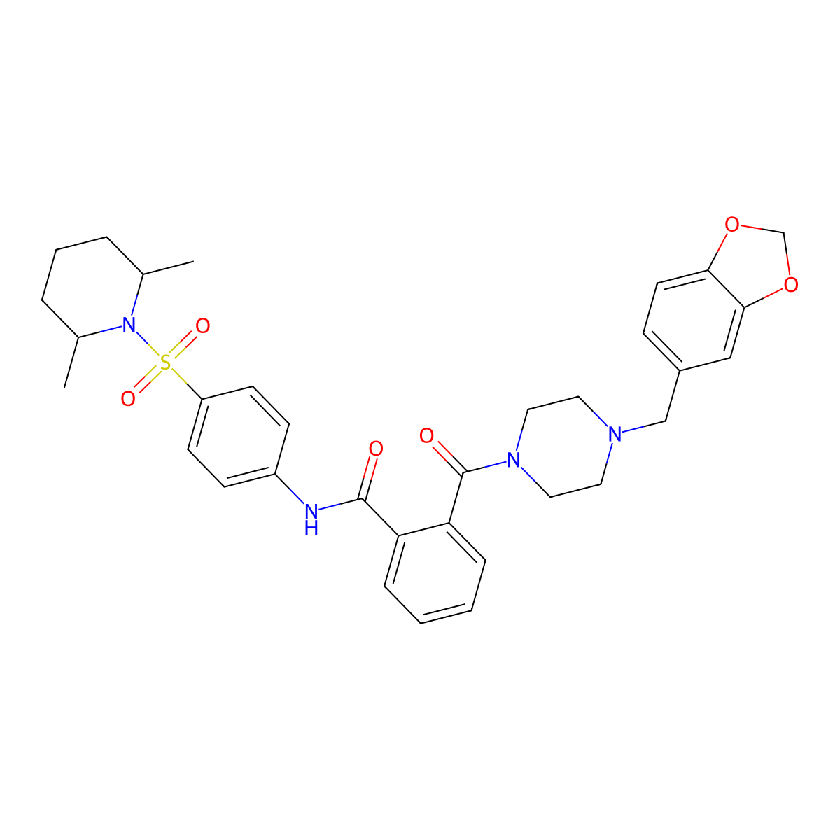 2-[4-(1,3-benzodioxol-5-ylmethyl)piperazine-1-carbonyl]-N-[4-(2,6-dimethylpiperidin-1-yl)sulfonylphenyl]benzamide molecular structure, CAS 695198-90-4