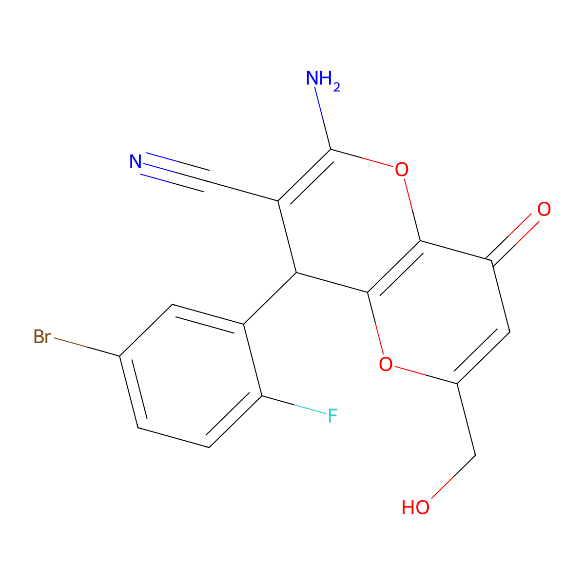 2-Amino-4-(5-bromo-2-fluorophenyl)-6-(hydroxymethyl)-8-oxo-4,8-dihydropyrano[3,2-b]pyran-3-carbonitrile molecular structure, CAS 695203-78-2